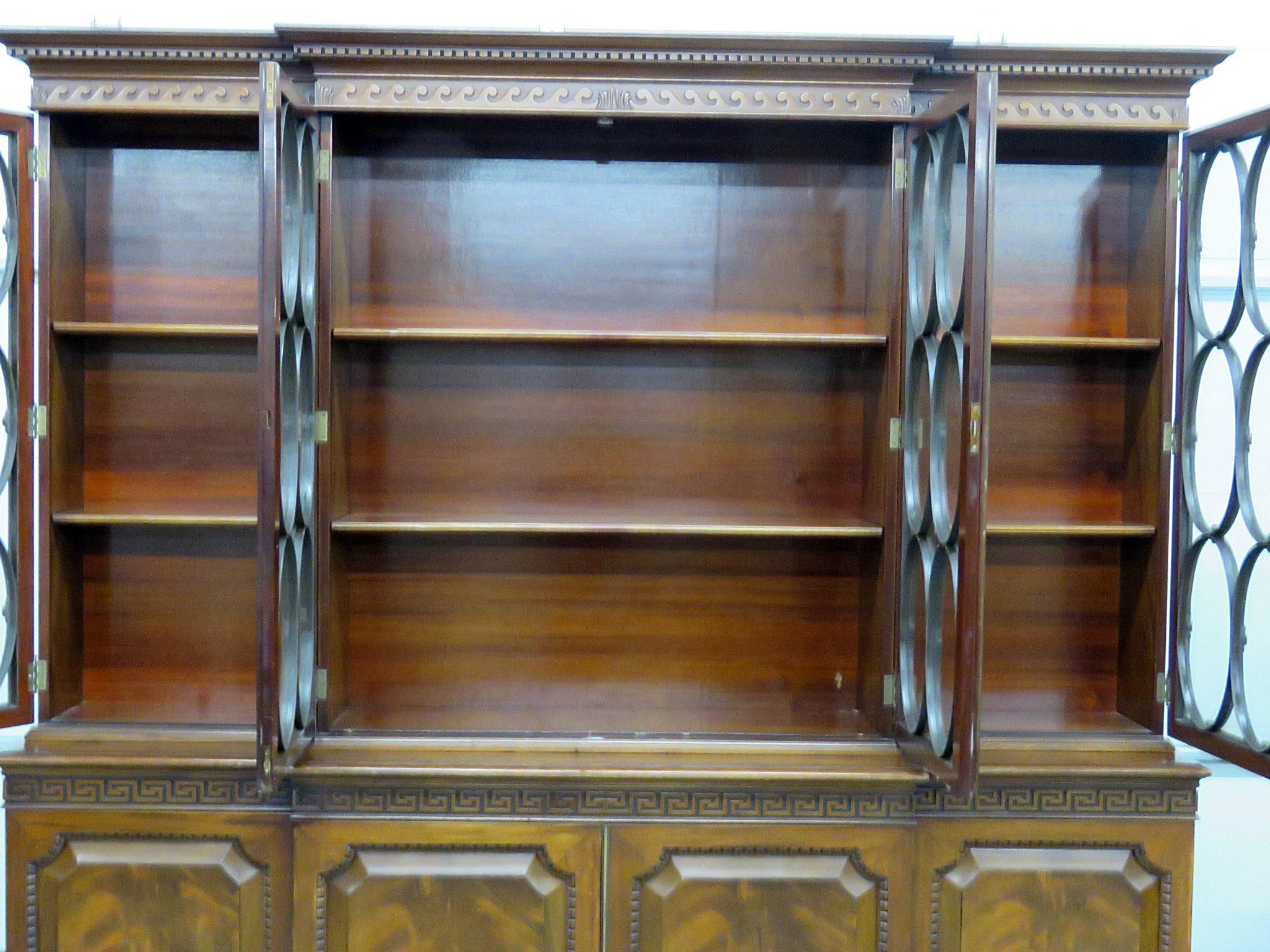 Old Baker Individual Glass Georgian Flame Mahogany Breakfront Bookcase C1920s 1