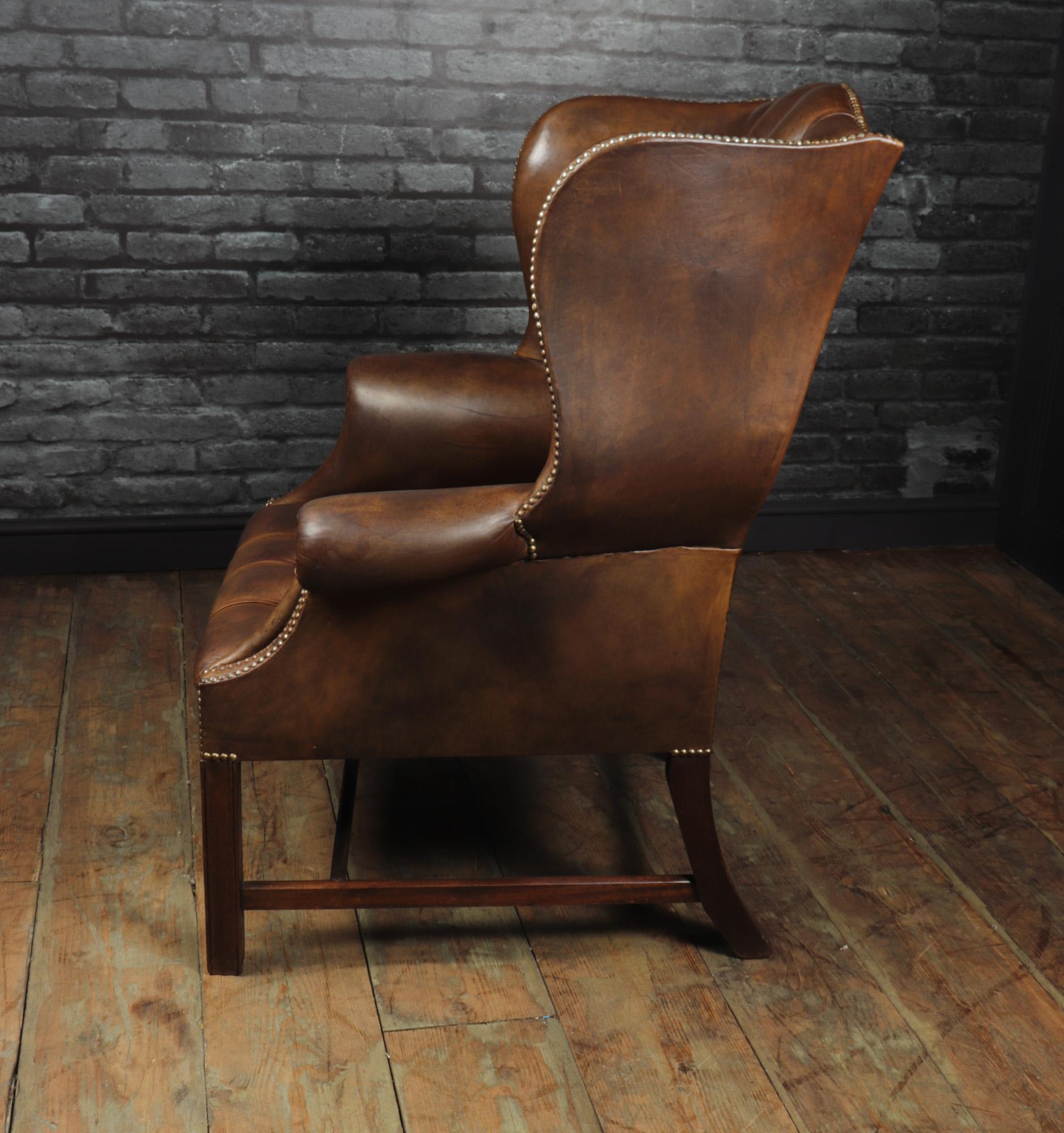 Georgian Style Brown Buttoned Leather Wing Chair 7