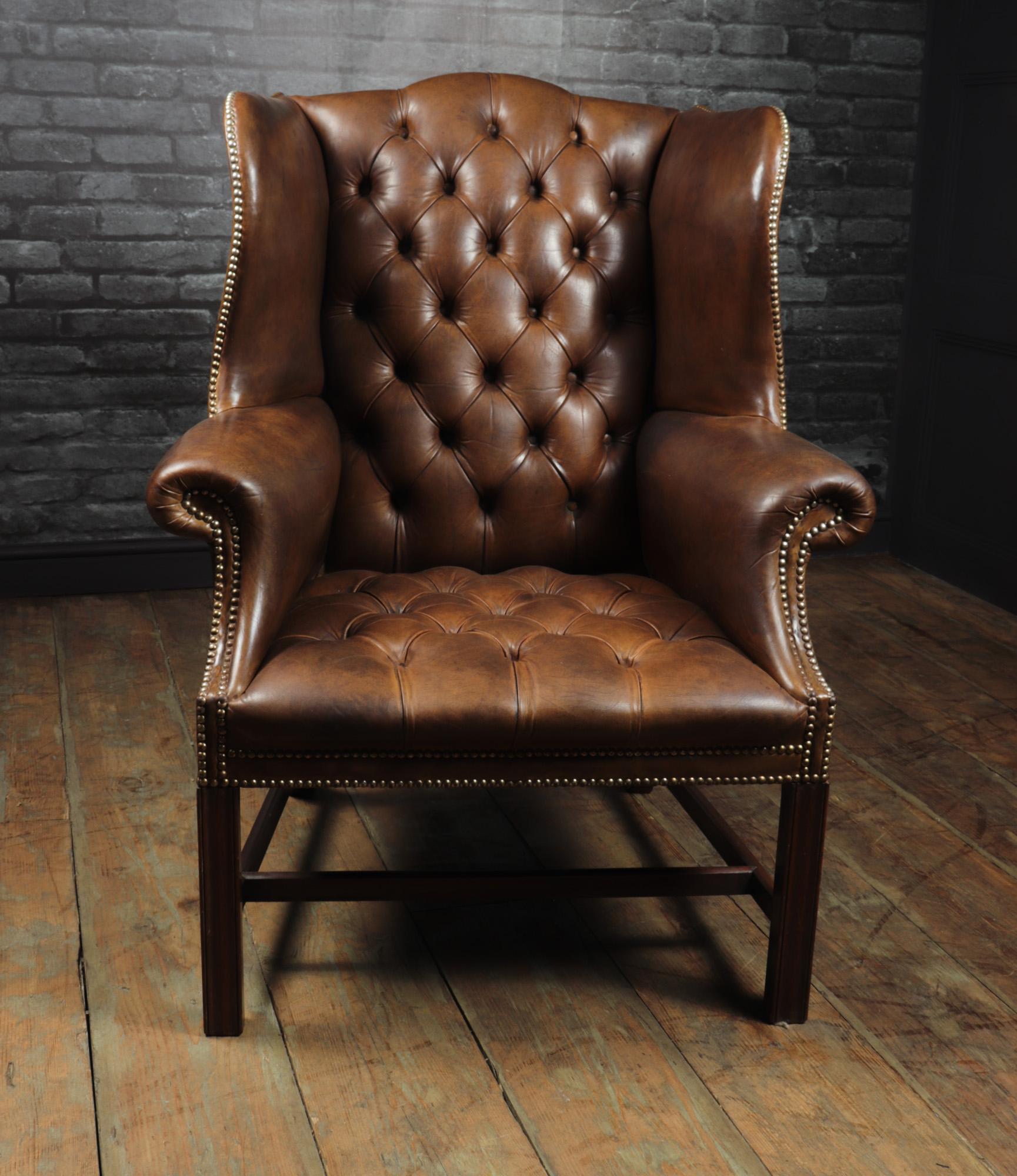 European Georgian Style Brown Buttoned Leather Wing Chair