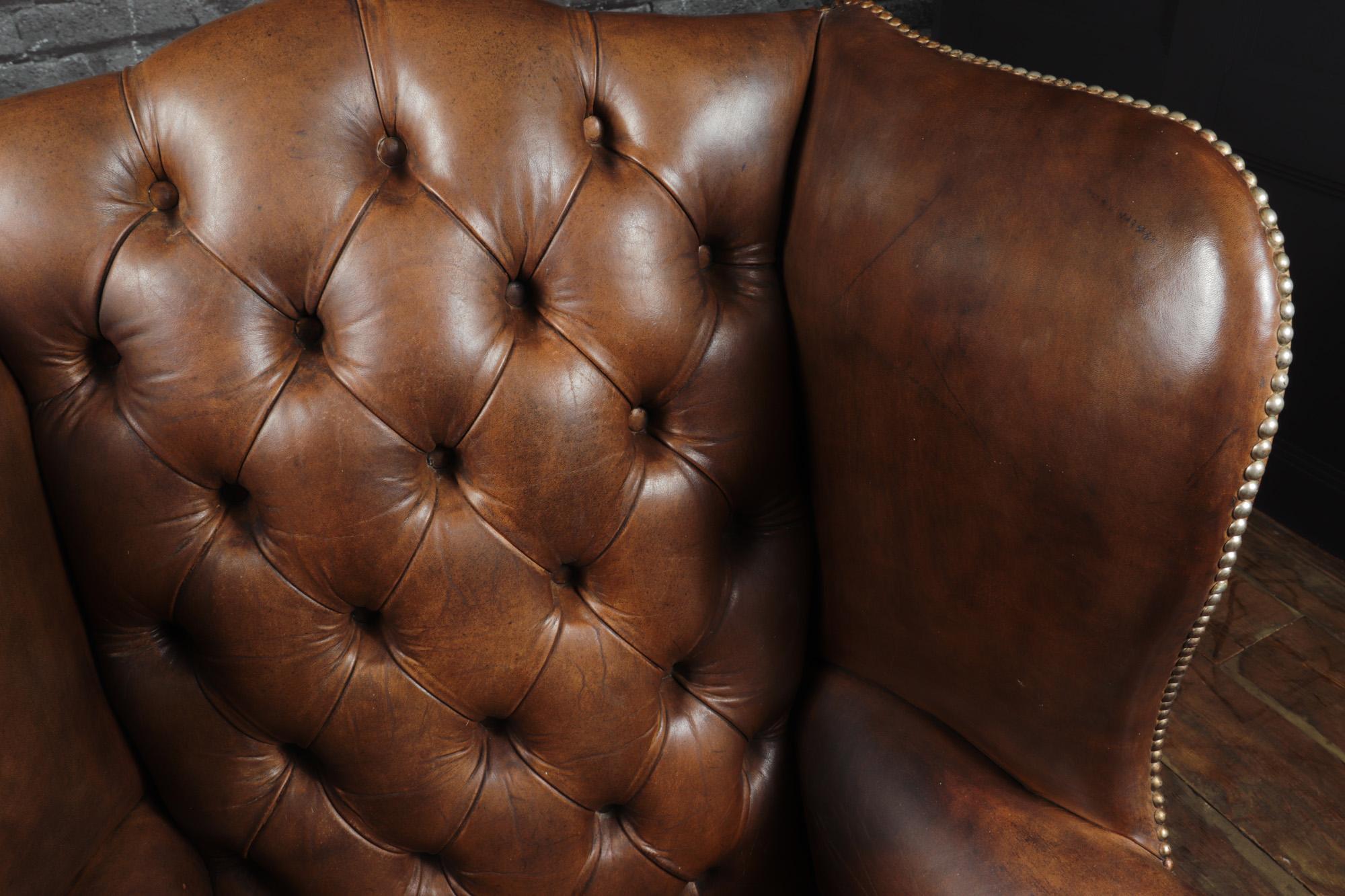 Mid-20th Century Georgian Style Brown Buttoned Leather Wing Chair