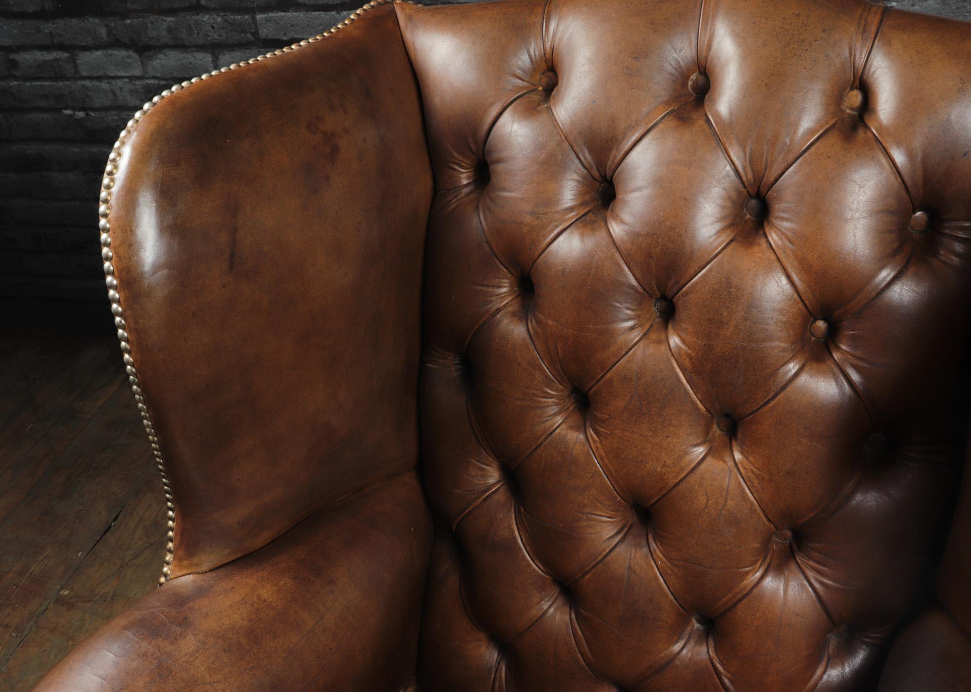 Georgian Style Brown Buttoned Leather Wing Chair 1