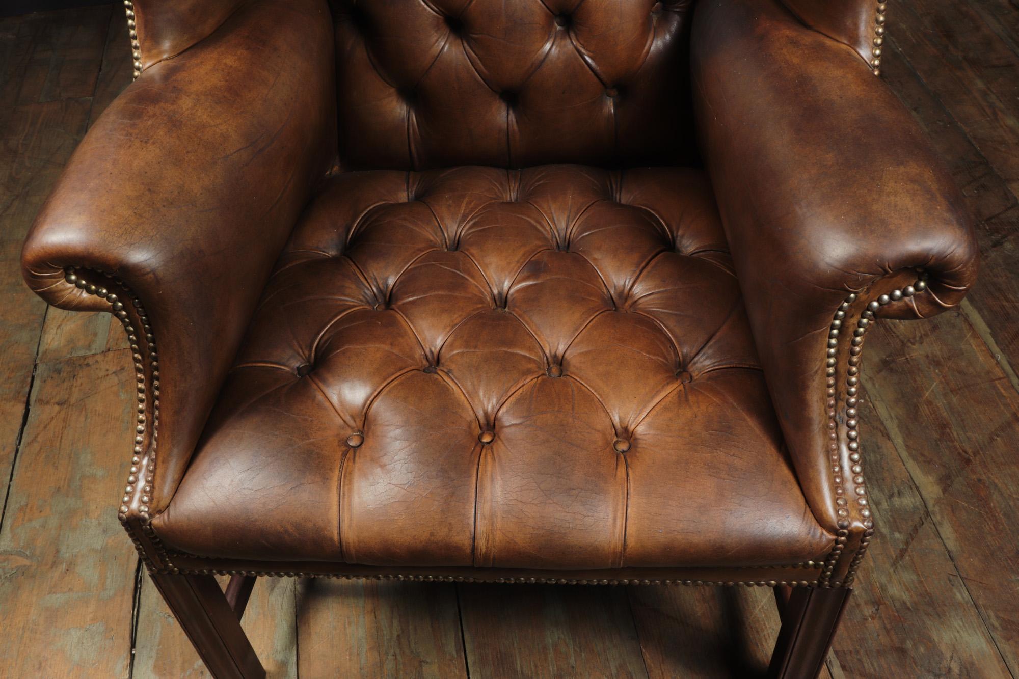 Georgian Style Brown Buttoned Leather Wing Chair 2