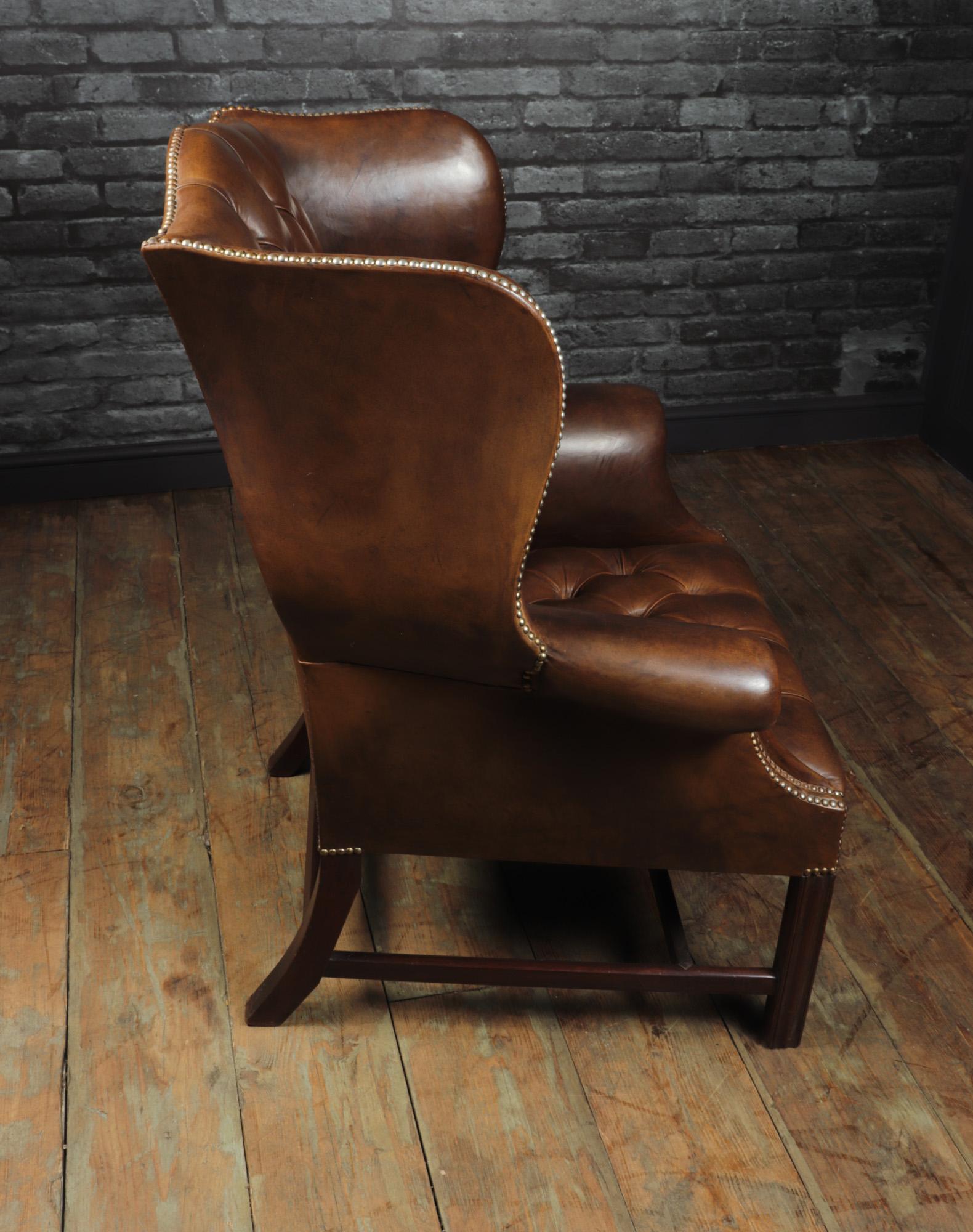 Georgian Style Brown Buttoned Leather Wing Chair 4