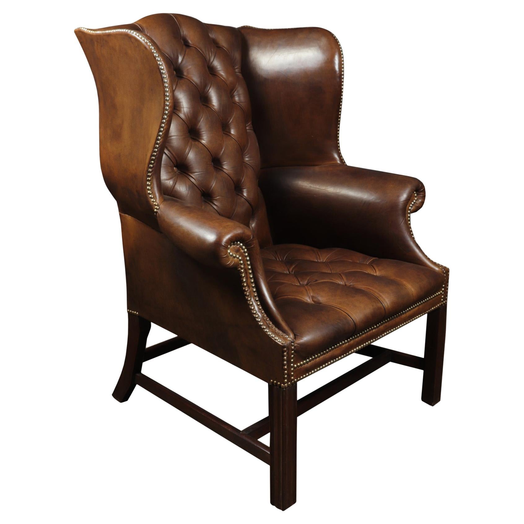 Georgian Style Brown Buttoned Leather Wing Chair