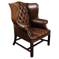 Vintage Georgian Style Brown Buttoned Leather Wing Chair