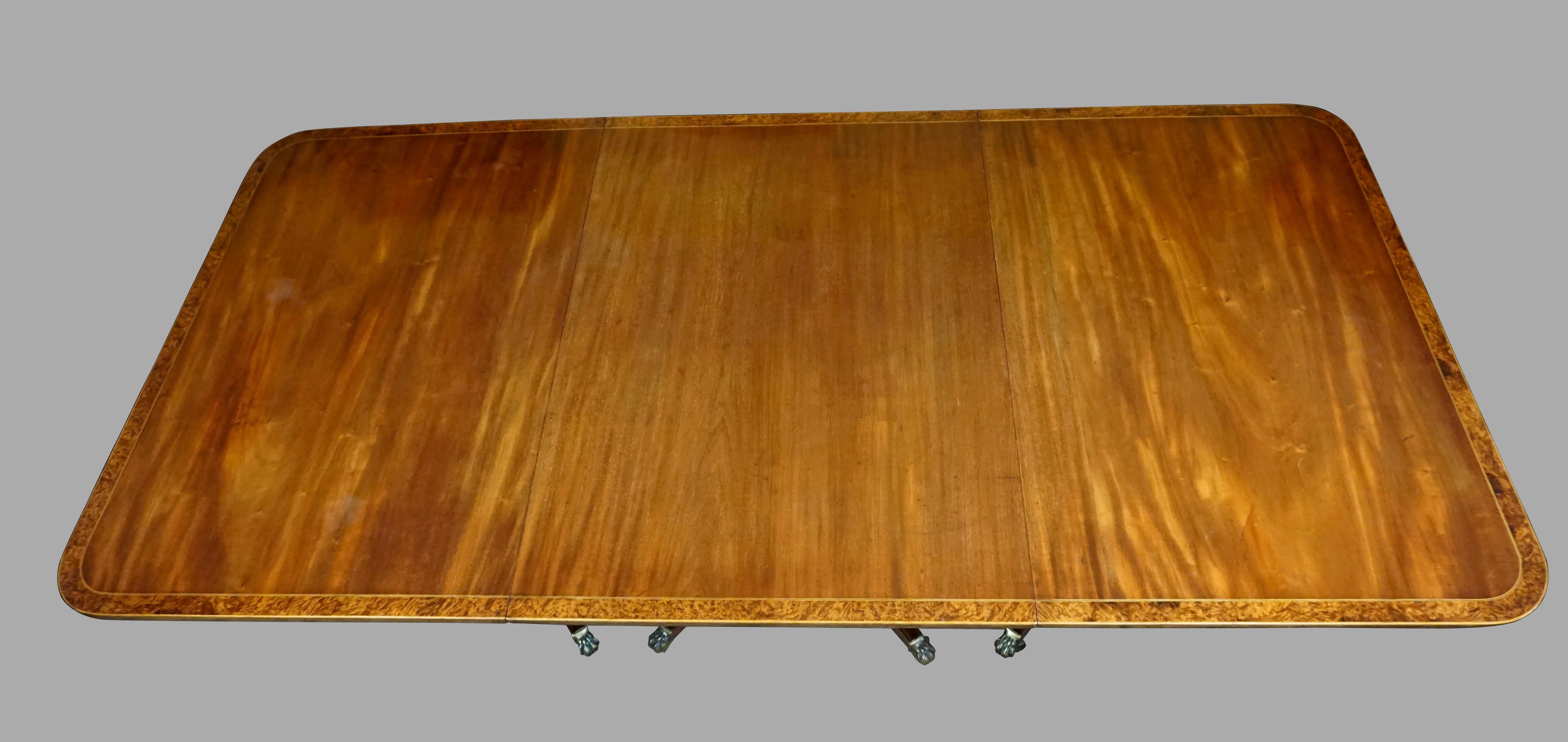 English Georgian Style Burl Elm Crossbanded Mahogany 3 Pedestal Dining Table with Leaves For Sale