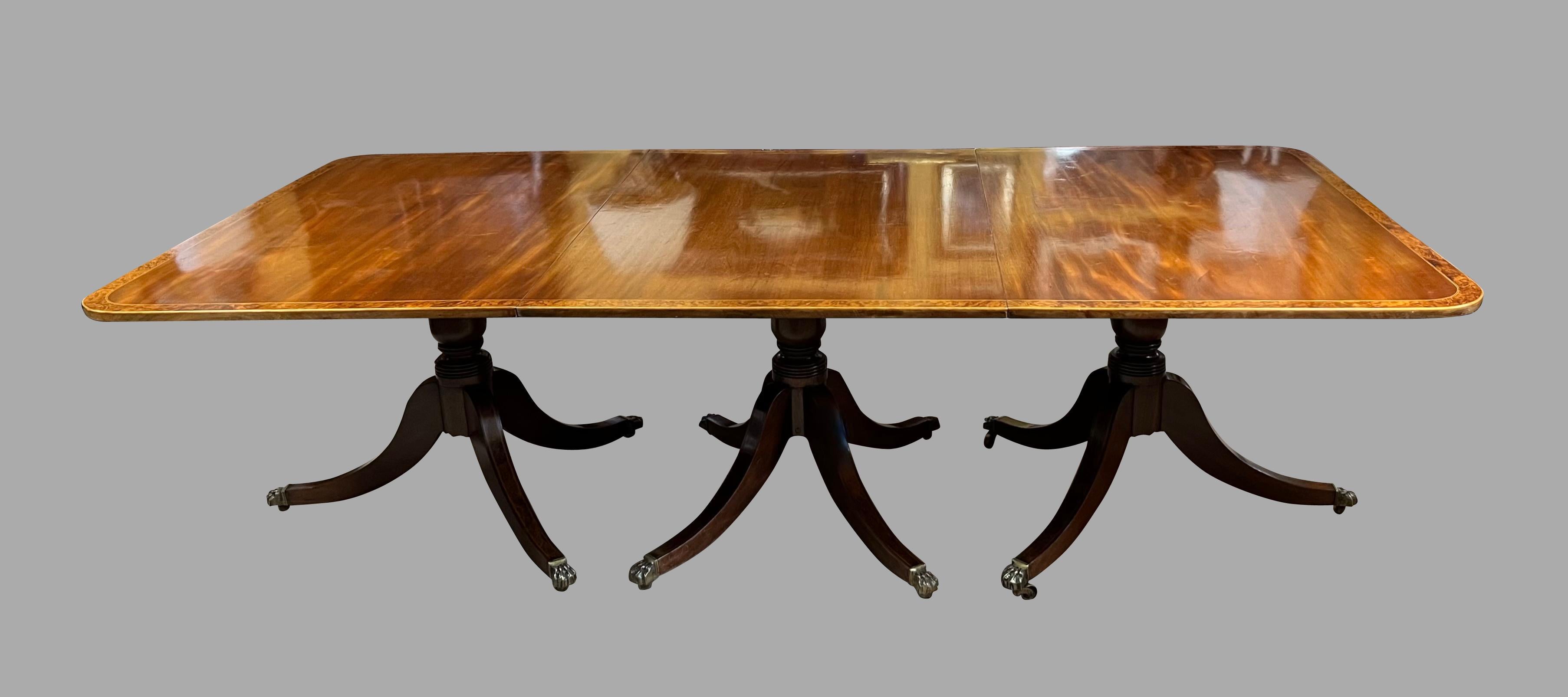 Georgian Style Burl Elm Crossbanded Mahogany 3 Pedestal Dining Table with Leaves In Good Condition For Sale In San Francisco, CA