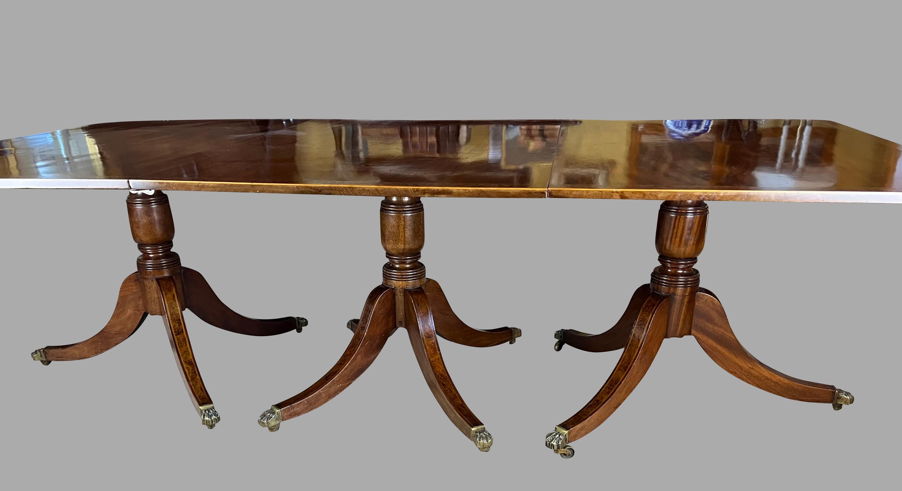 Georgian Style Burl Elm Crossbanded Mahogany 3 Pedestal Dining Table with Leaves For Sale 2