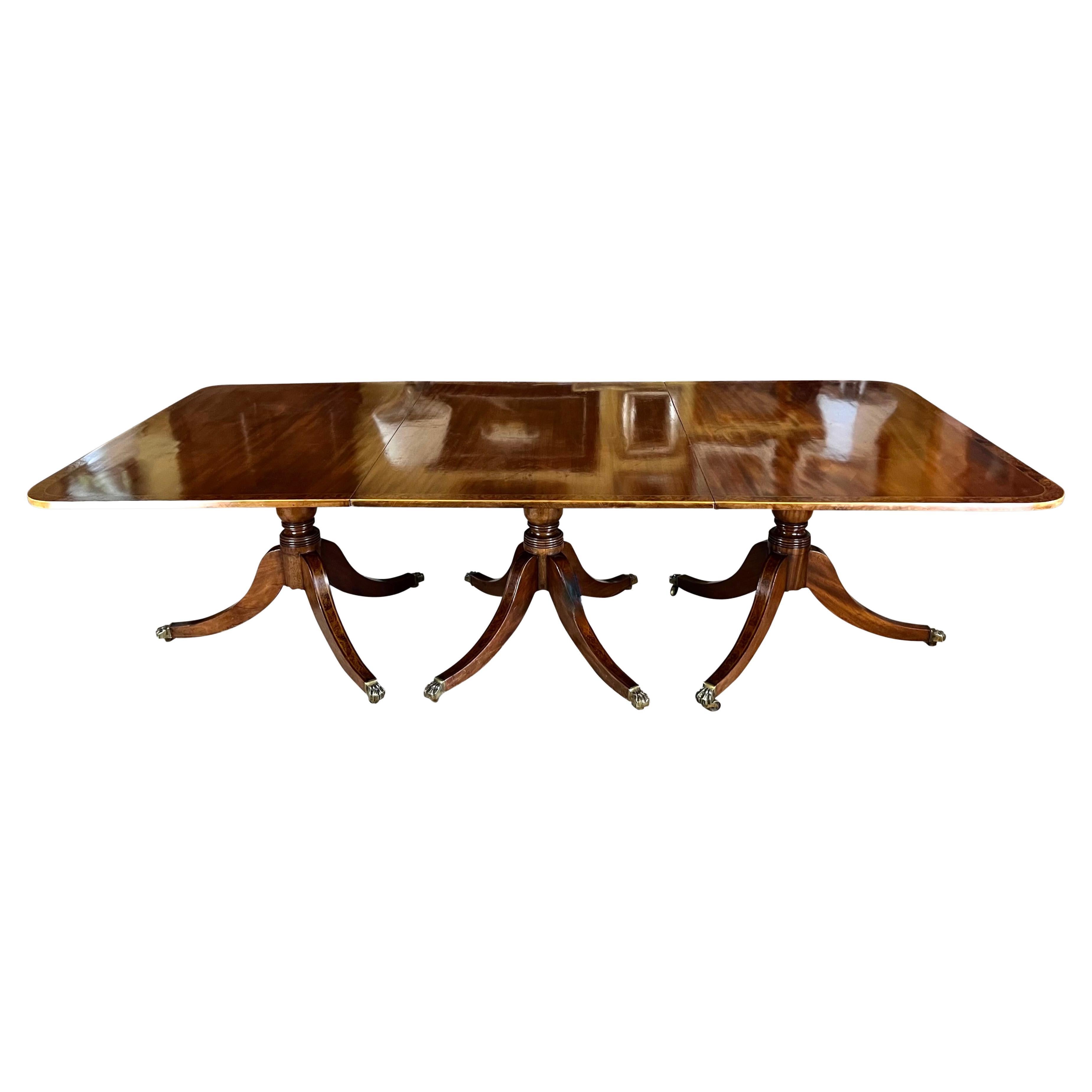 Georgian Style Burl Elm Crossbanded Mahogany 3 Pedestal Dining Table with Leaves For Sale