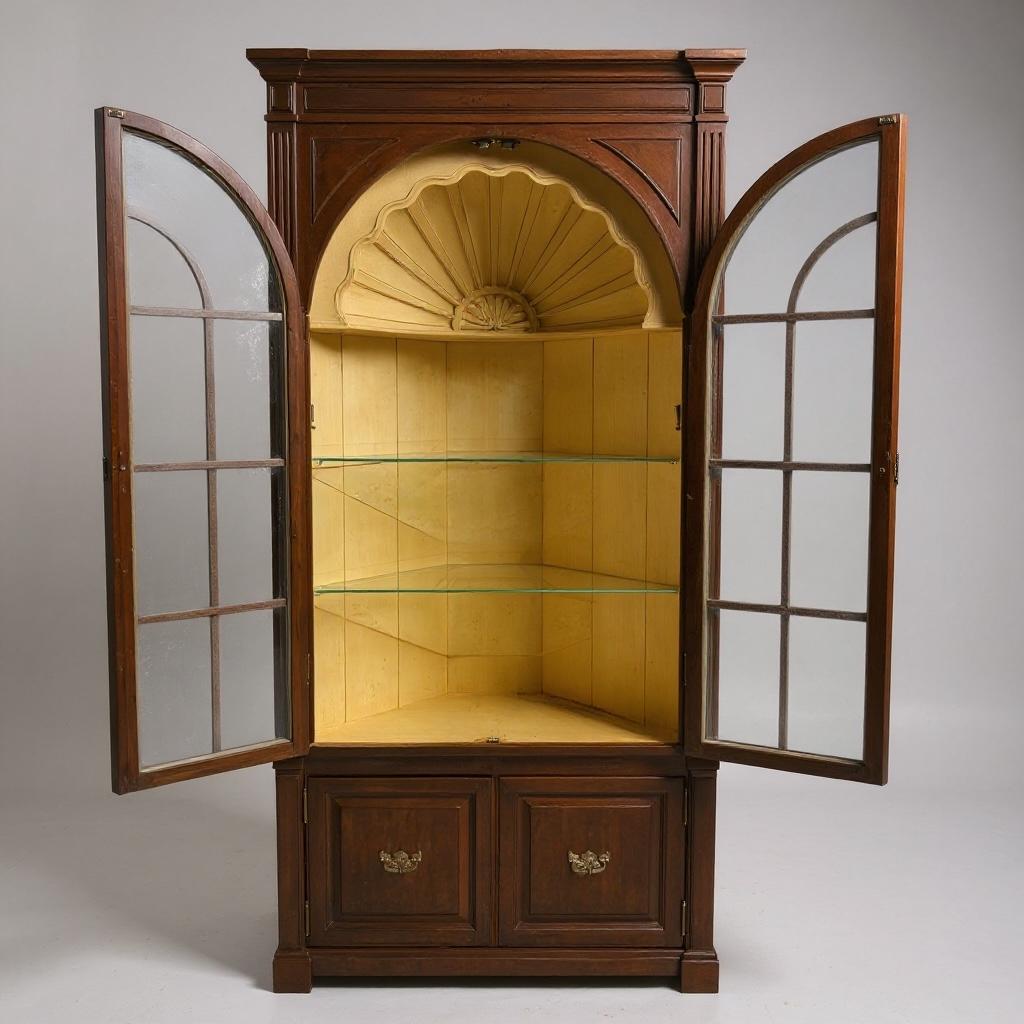 Georgian Style Carved Mahogany Corner Cabinet W/ Yellow Shell / Fan Interior For Sale 2