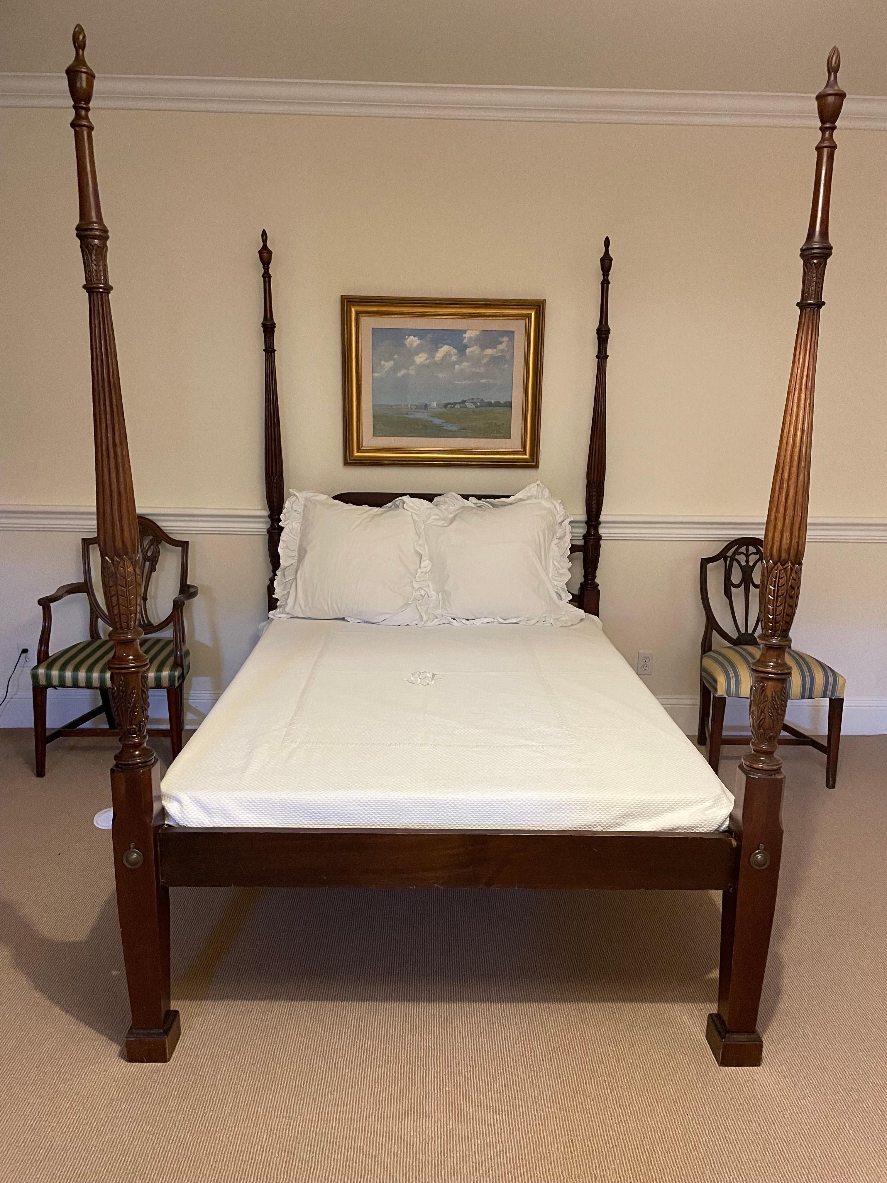 English Georgian Style Carved Mahogany Full Size Poster Bed w Tester, Late 19th Century