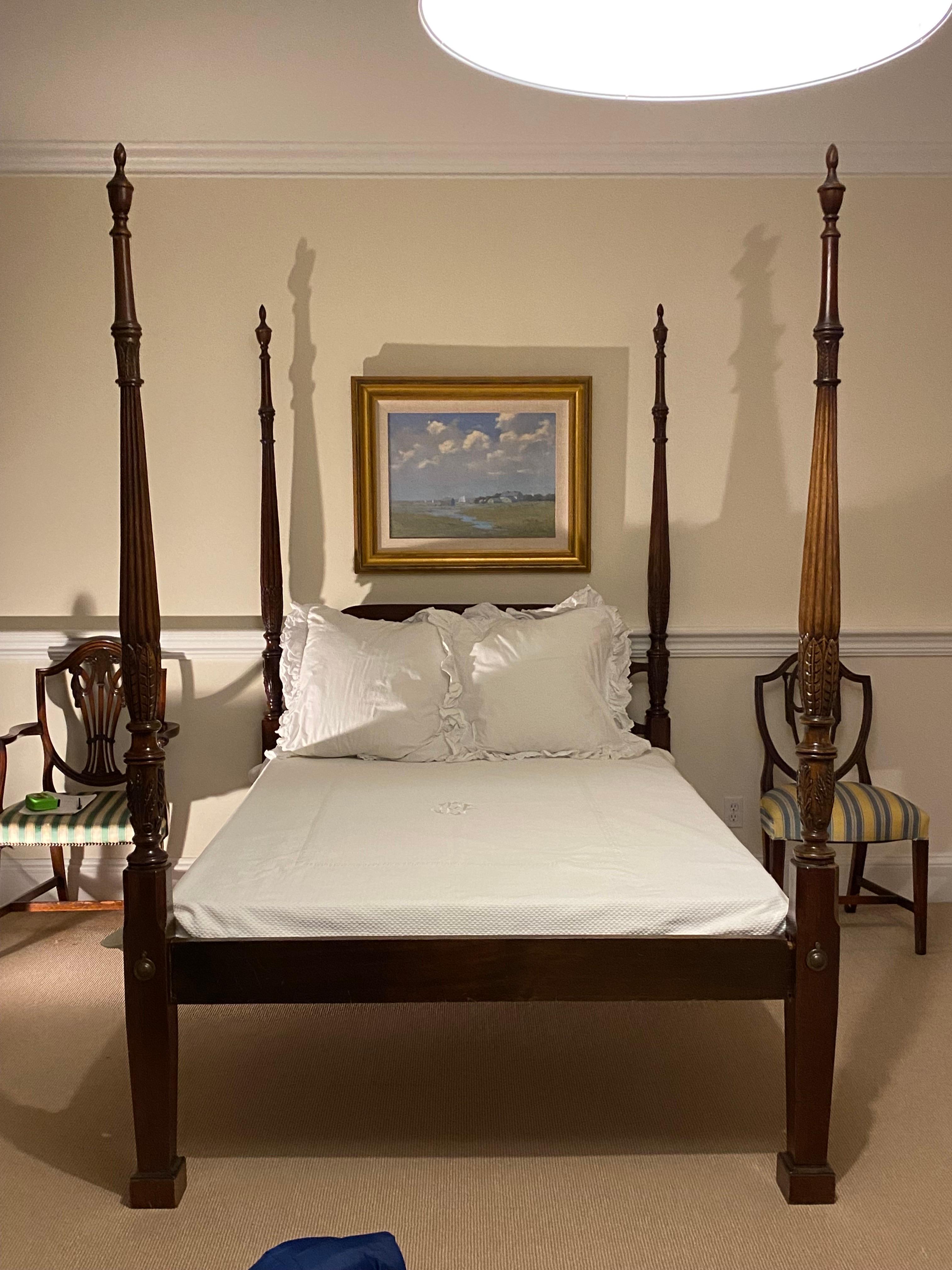Georgian Style Carved Mahogany Full Size Poster Bed w Tester, Late 19th Century In Good Condition In Southampton, NY