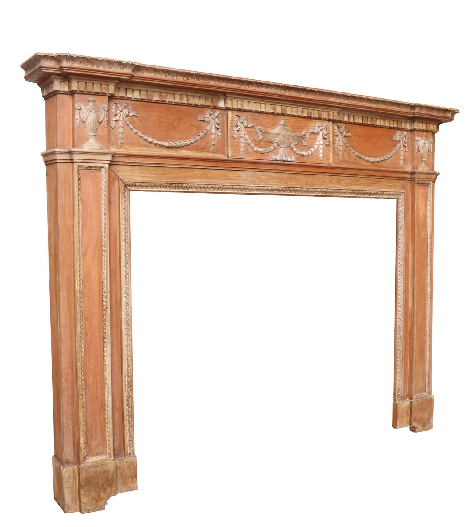 Hand-Carved Georgian Style Carved Pine Fire Surround, circa 1900
