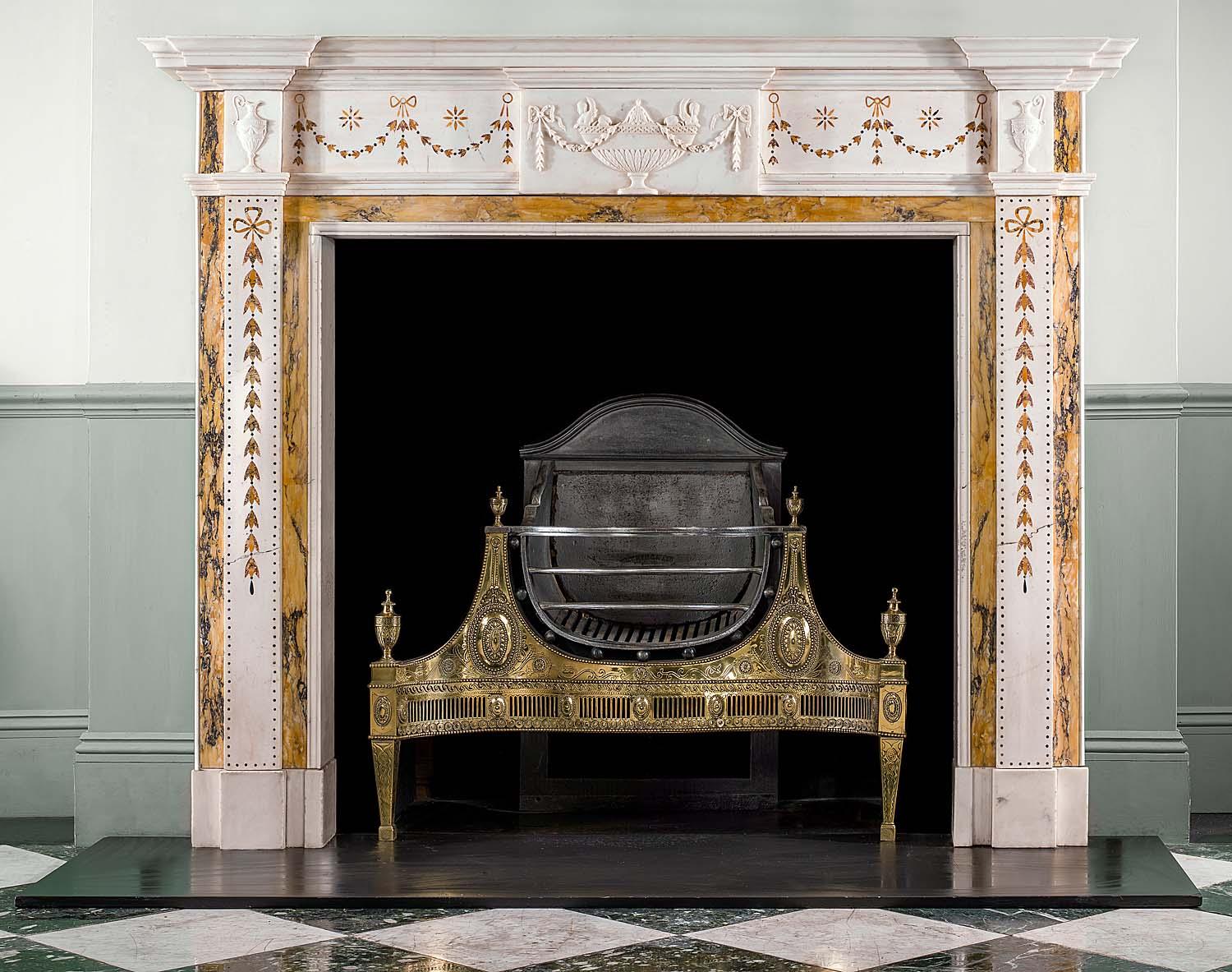 English Georgian Style Chimneypiece in Statuary, Sienna and Brocatelle Marble For Sale