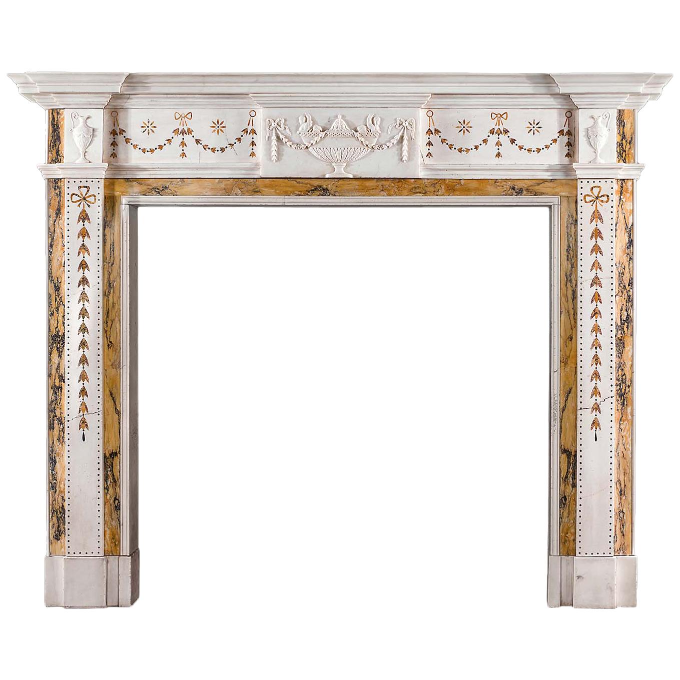 Georgian Style Chimneypiece in Statuary, Sienna and Brocatelle Marble For Sale