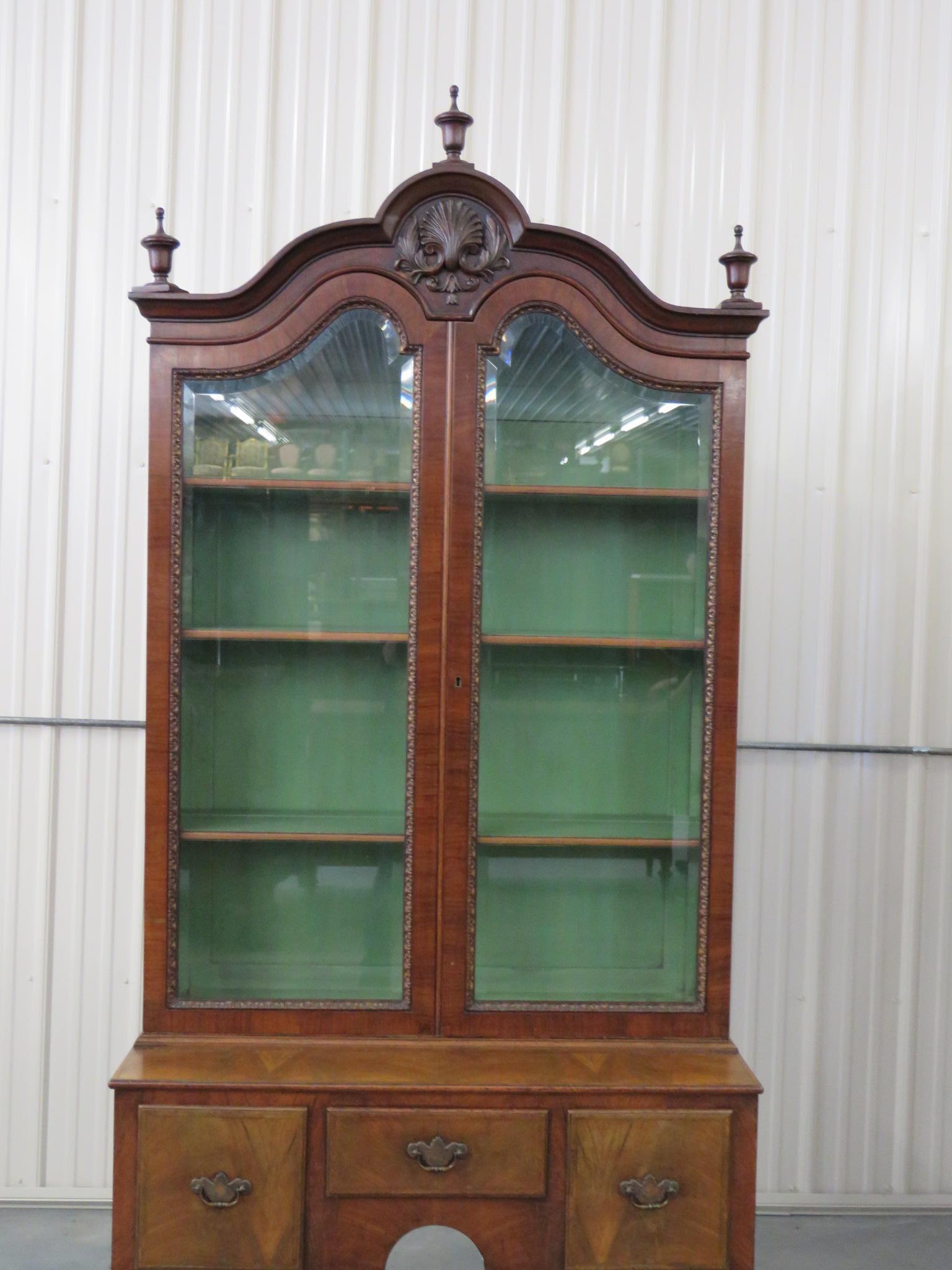 Georgian style 2-door china cabinet with 3 shelves and 3 drawers.