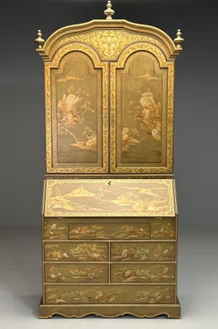 Georgian Style, Chinoiserie, Beige Secretary Desk, Bureau Cabinet, Japanned