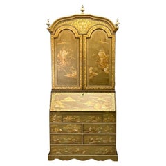 Georgian Style, Chinoiserie, Beige Secretary Desk, Bureau Cabinet, Japanned