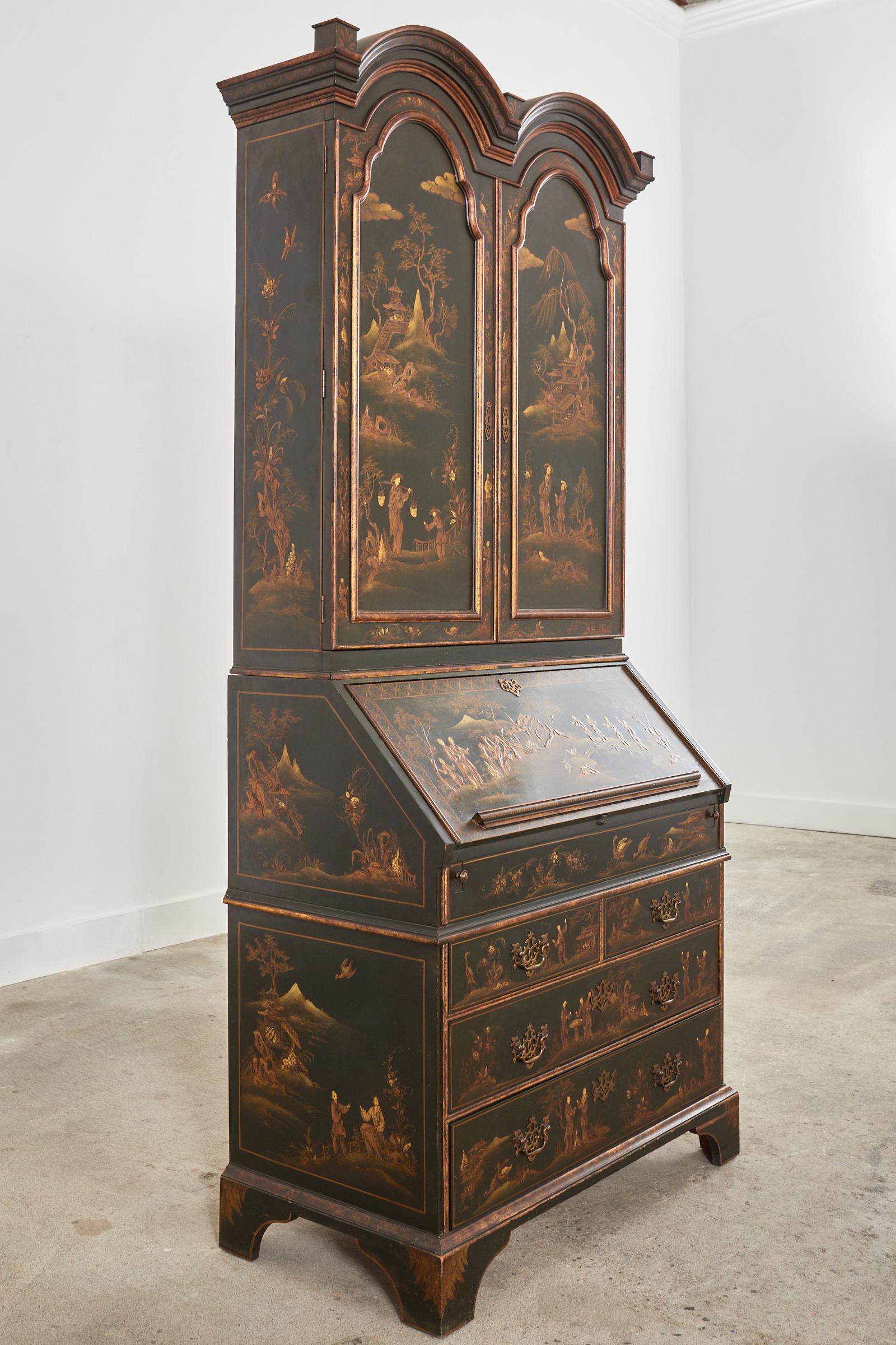 Lacquered Georgian Style Chinoiserie Decorated Secretary Bookcase by Baker