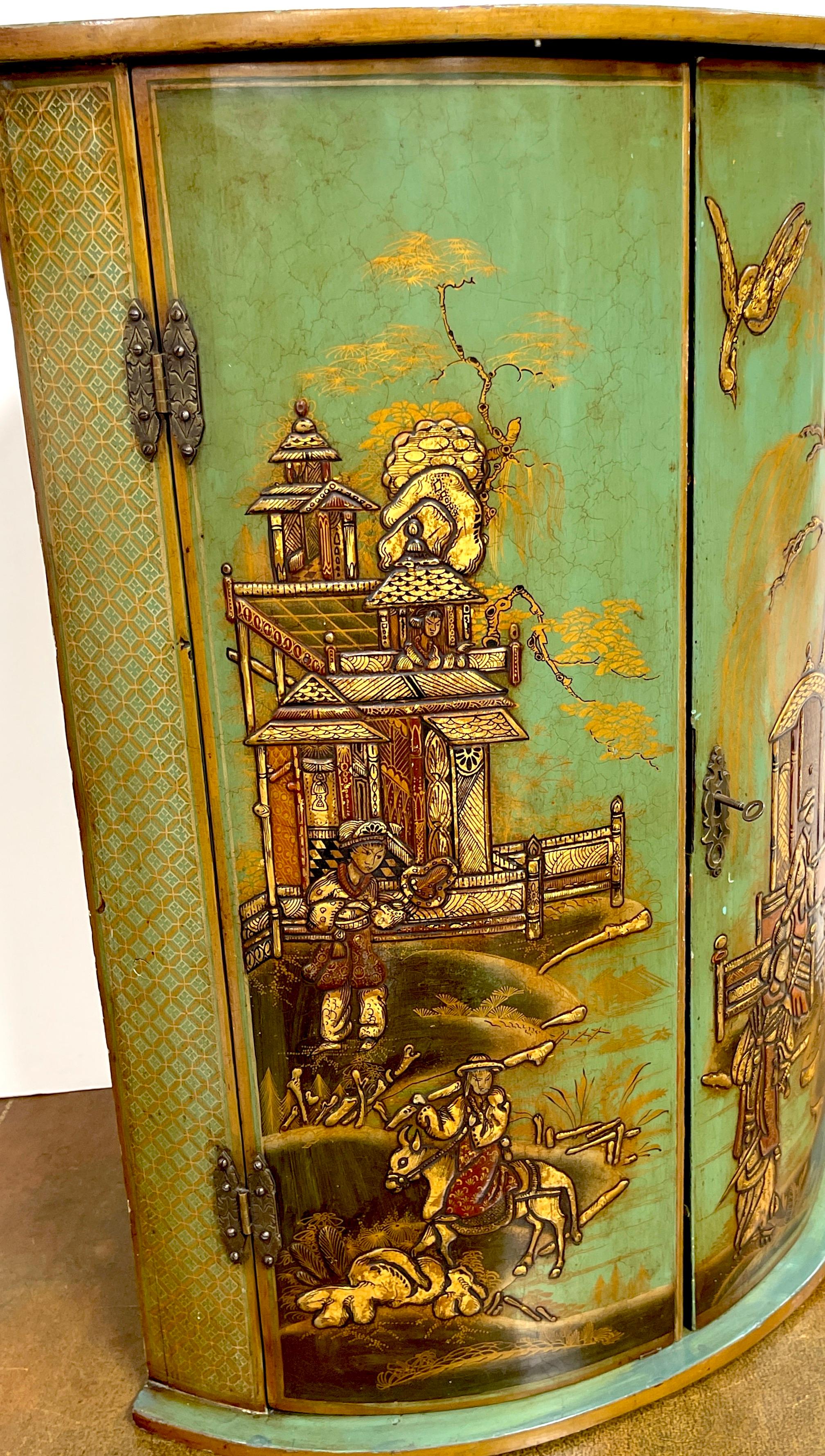 19th Century Georgian Style Chinoiserie Olive-Green Lacquered Blind Door Corner Cupboard For Sale