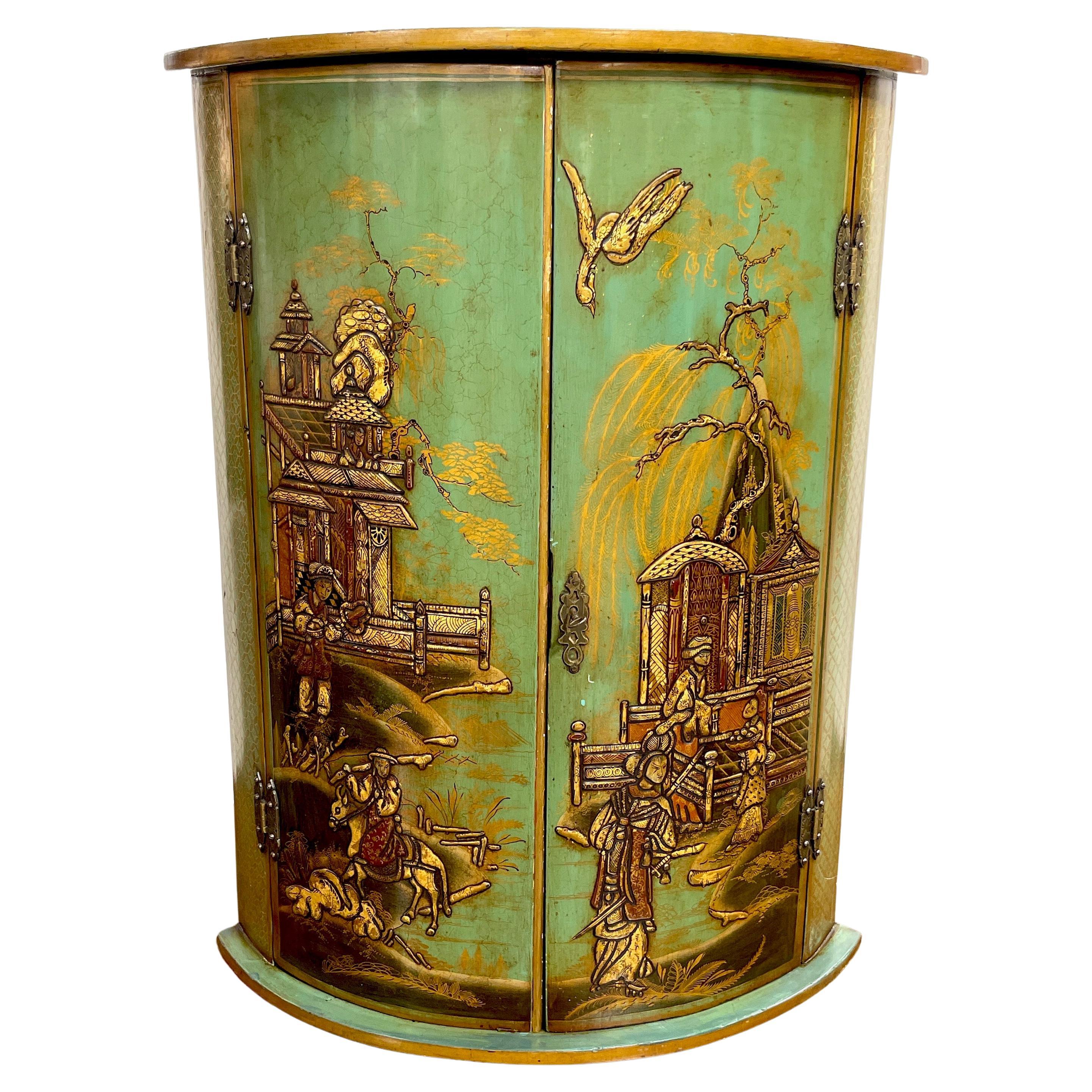 Georgian Style Chinoiserie Olive-Green Lacquered Blind Door Corner Cupboard