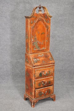 Georgian Style Chinoiserie Painted Narrow Bookcase Secretary Desk circa 1920
