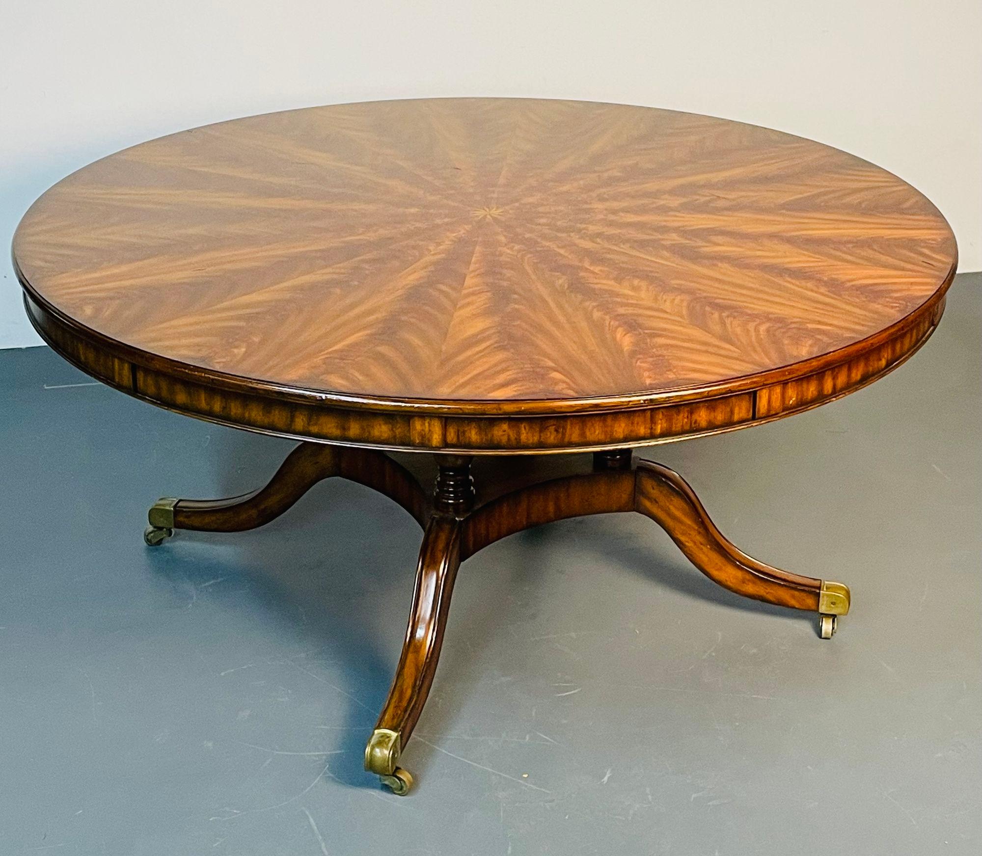 Brass Georgian Style Circular Sunburst Center Table, Flame Mahogany, Expandable