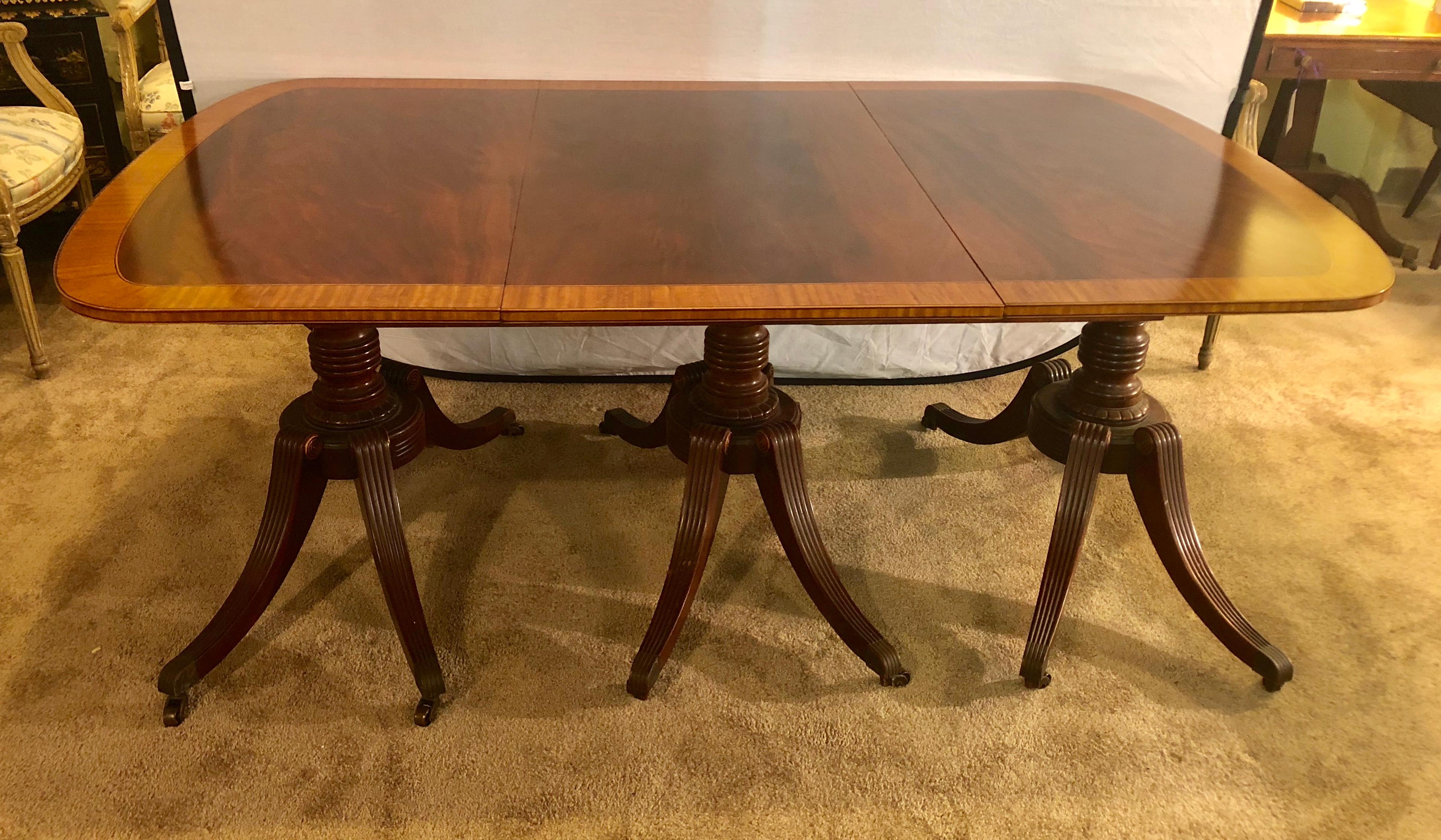 Georgian Style Crotch Mahogany Triple Pedestal Dining Table with Four Leaves 1