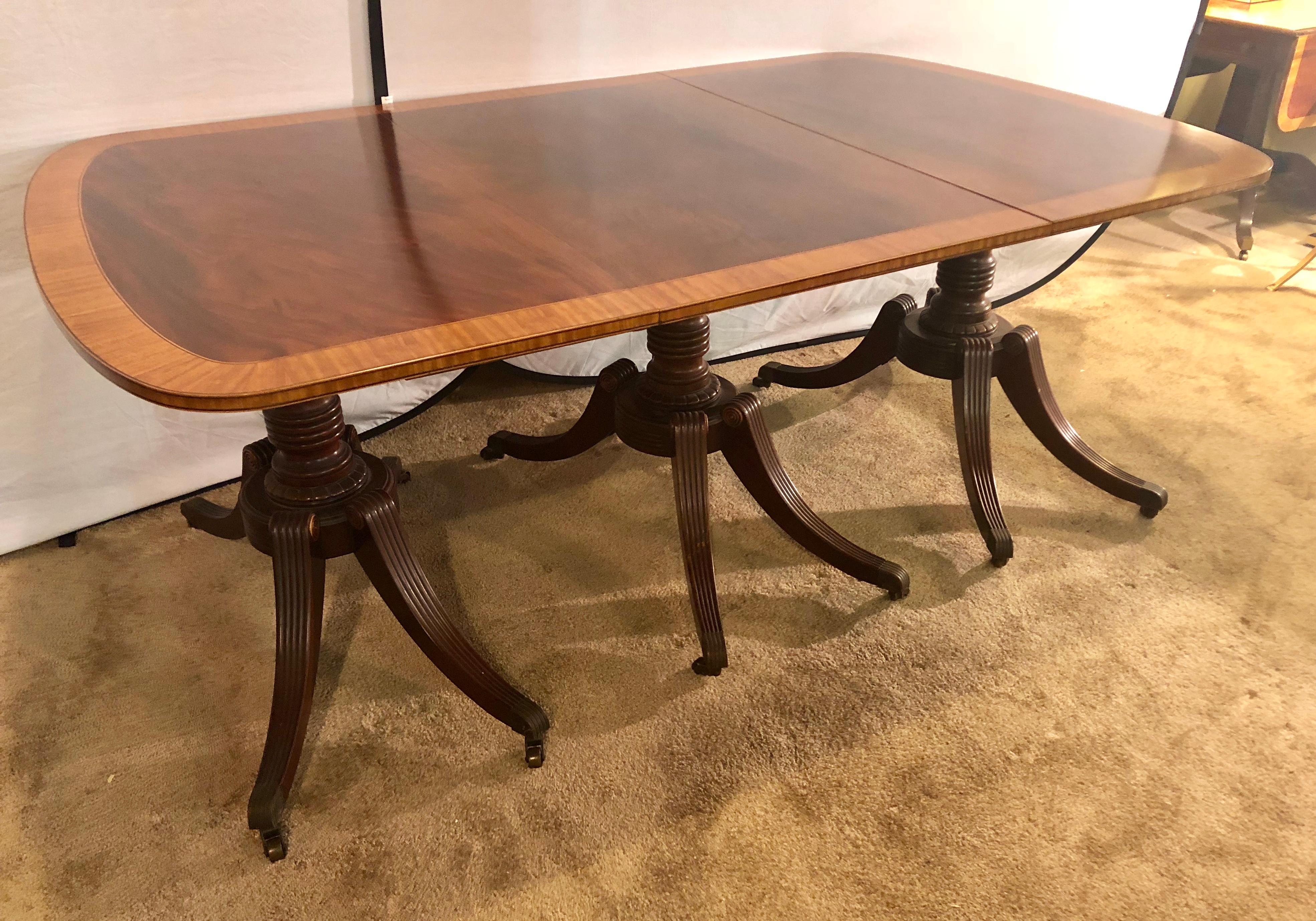 Georgian Style Crotch Mahogany Triple Pedestal Dining Table with Four Leaves 2