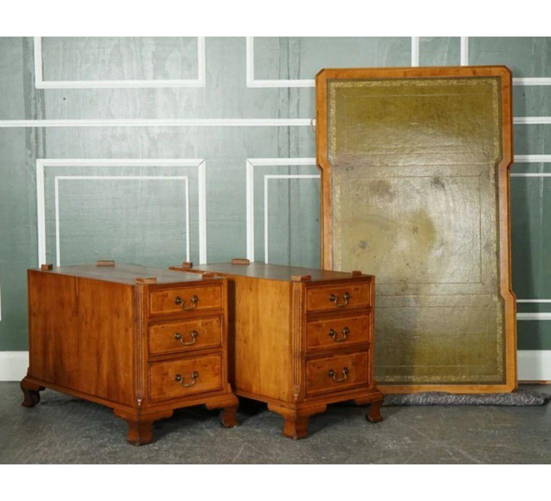 Georgian Style Directors Twin Pedestal Walnut Desk with Green Leather Top 7