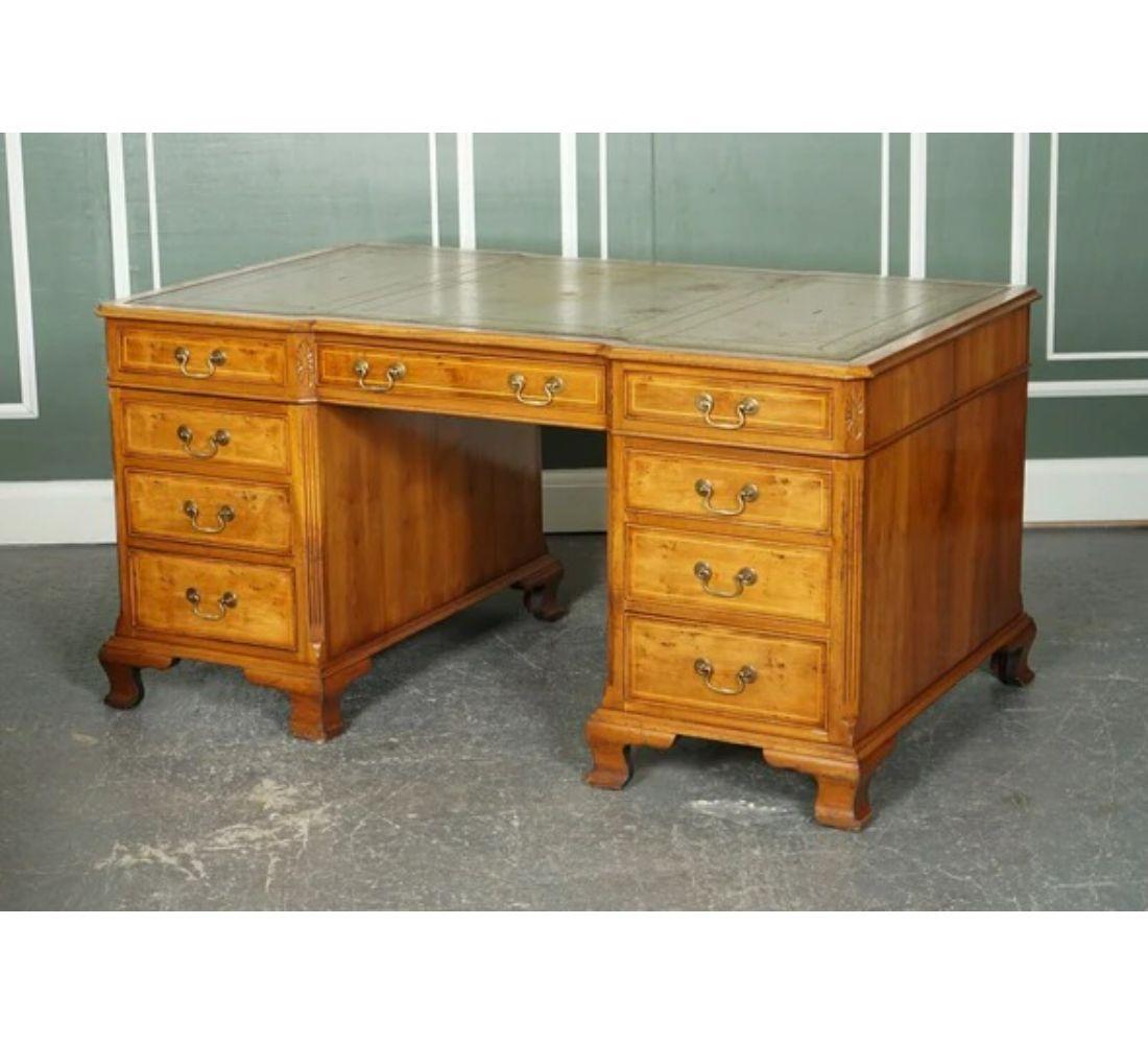 European Georgian Style Directors Twin Pedestal Walnut Desk with Green Leather Top