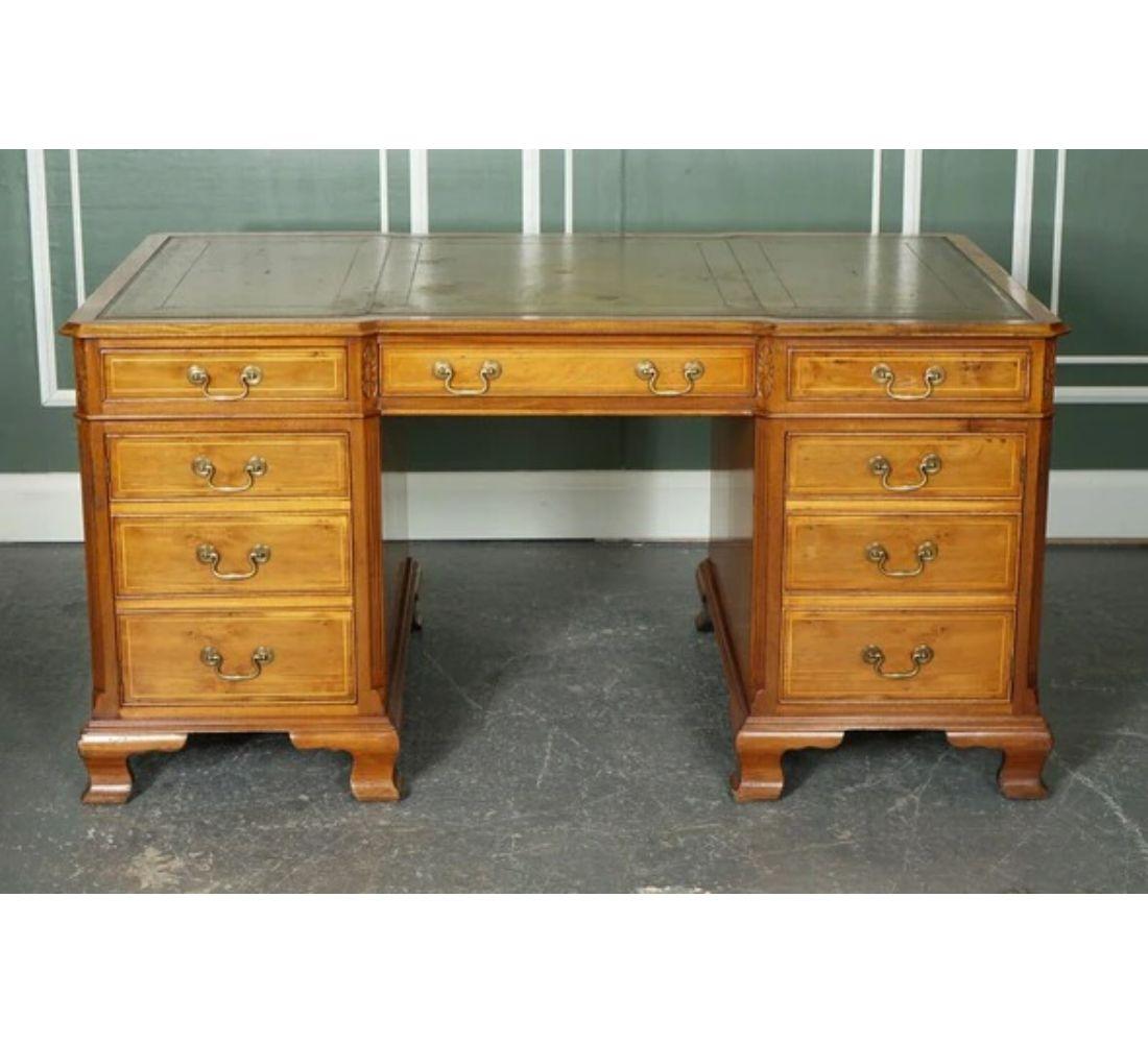 20th Century Georgian Style Directors Twin Pedestal Walnut Desk with Green Leather Top