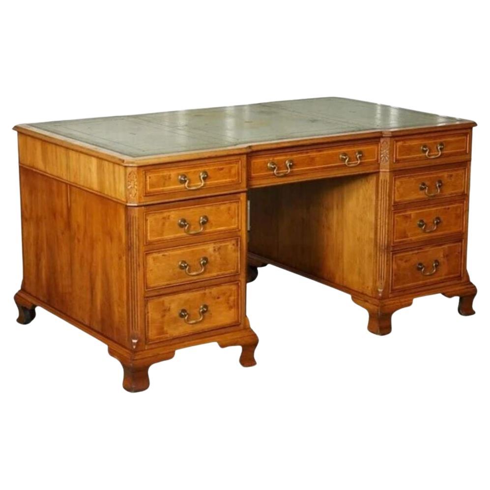 Georgian Style Directors Twin Pedestal Walnut Desk with Green Leather Top For Sale