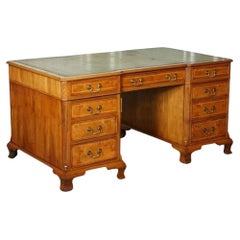 Used Georgian Style Directors Twin Pedestal Walnut Desk with Green Leather Top