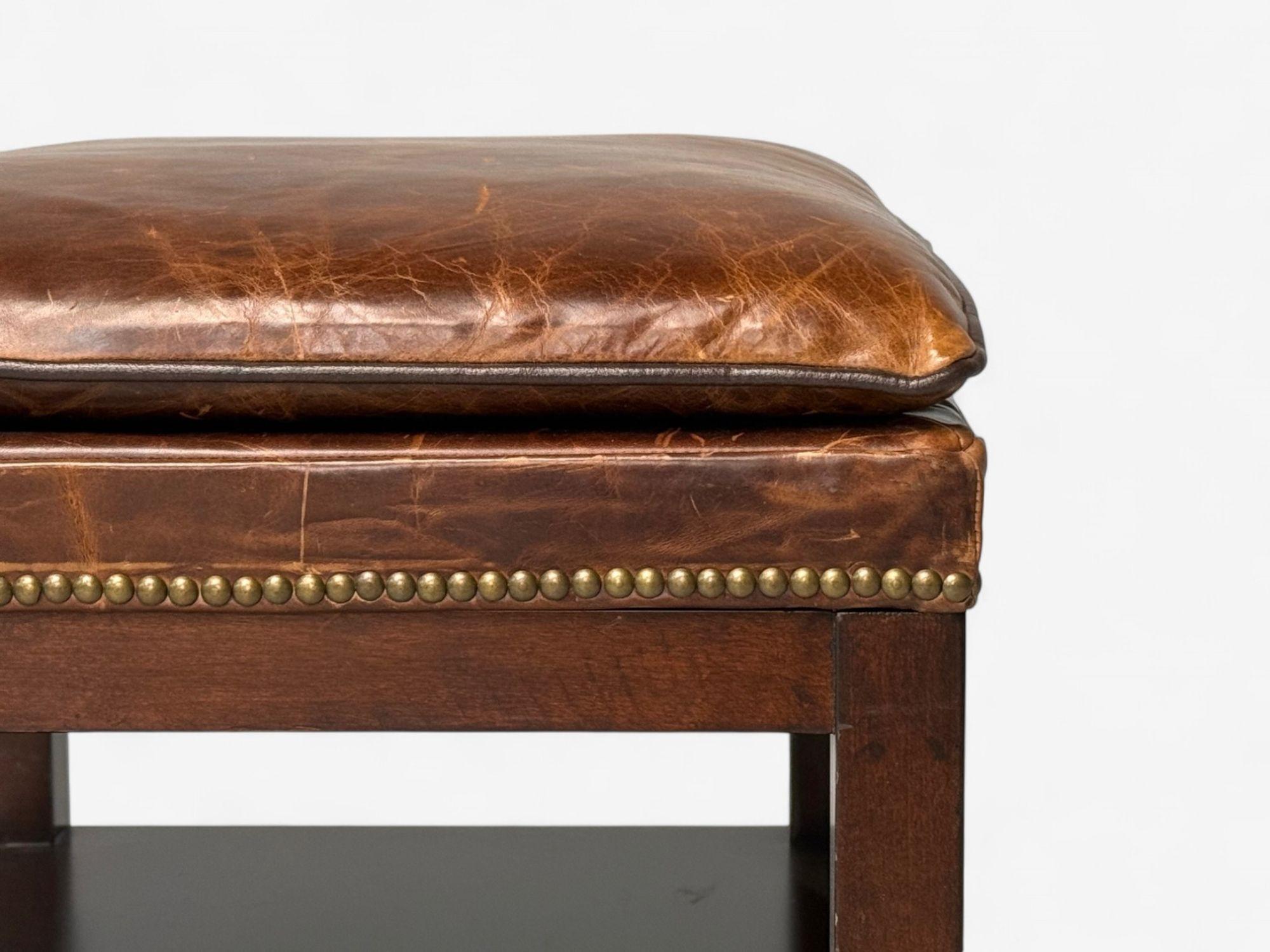 Brass Georgian Style, Distressed Brown Leather, Mahogany, Ottomans, USA, 20th C. For Sale