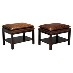 Georgian Style, Distressed Brown Leather, Mahogany, Ottomans, USA, 20th C.