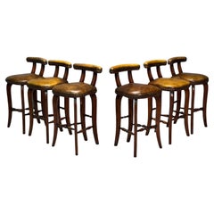 Georgian Style, Distressed Brown Leather, Stained Wood, Six Bar Stools, 20th C.