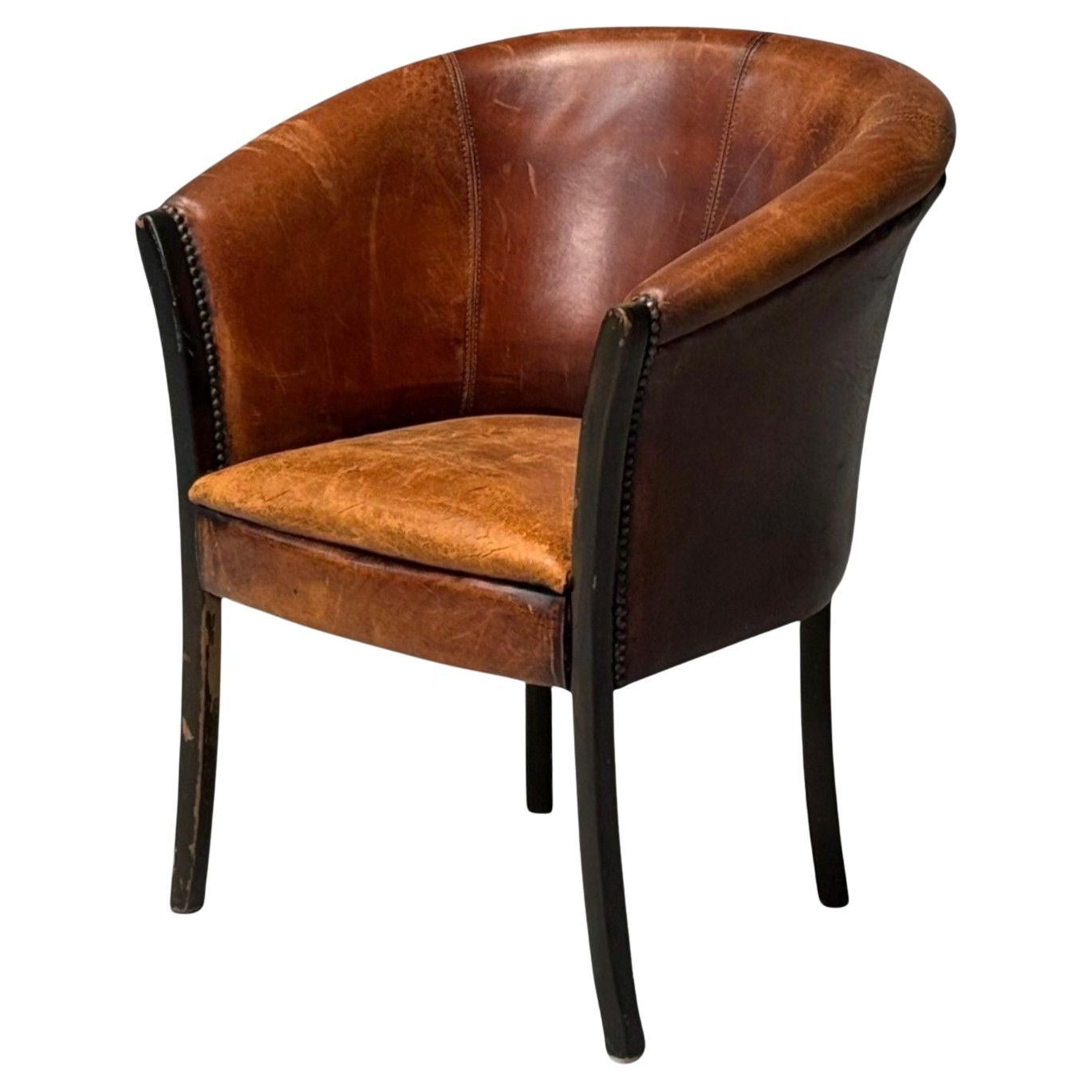 Georgian Style, Distressed Brown Leather, Stained Wood, Tub Chair, USA, 1960s