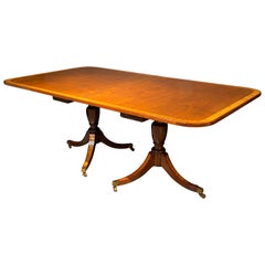 Georgian Style Double Pedestal Dining Room Table, Crotch Mahogany and Satinwood