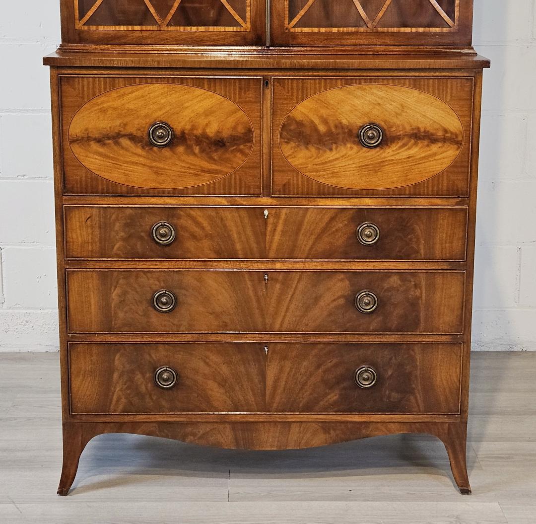 20th Century Georgian Style English Desk Bureau Bookcase with Banded Drawers, Leather Top For Sale