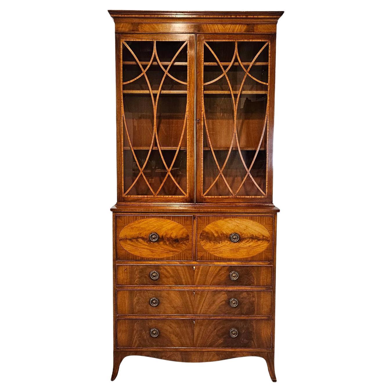 Georgian Style English Desk Bureau Bookcase with Banded Drawers, Leather Top For Sale
