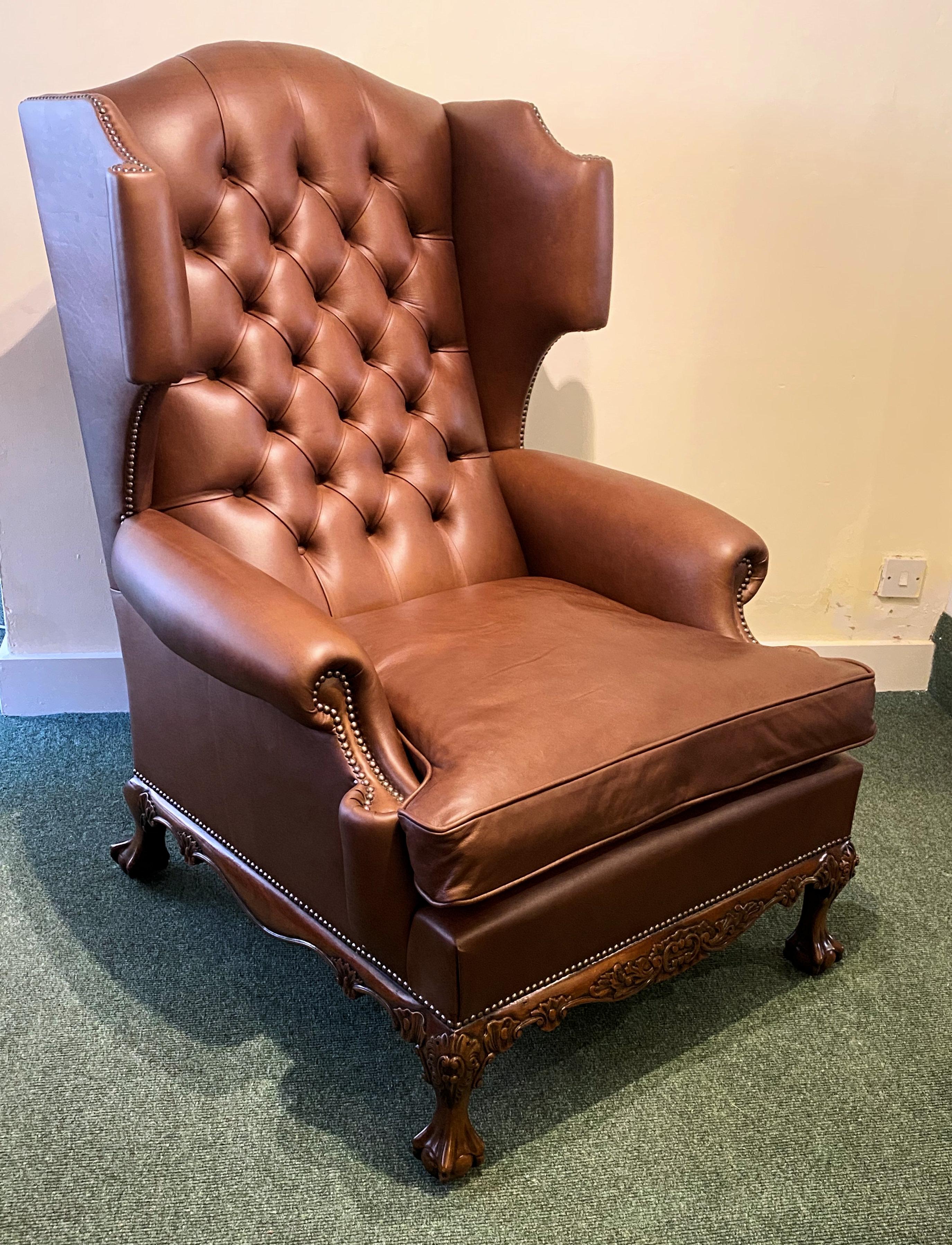 Georgian Style English Leather Wing Armchair For Sale 1