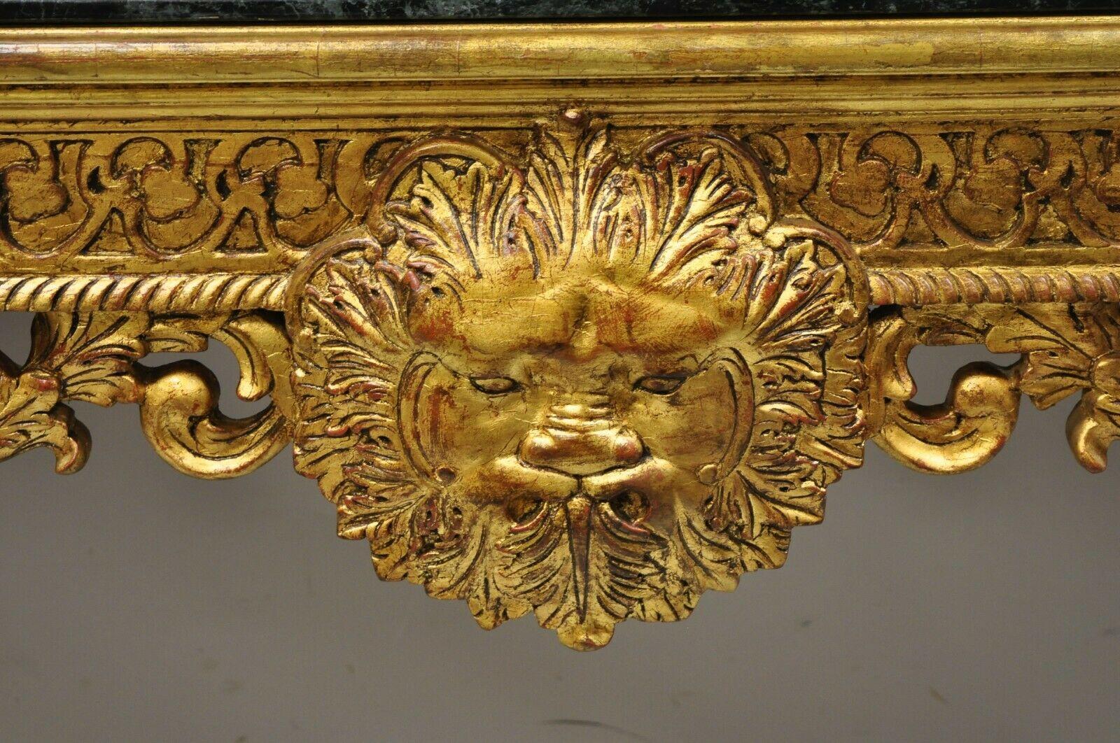 20th Century Georgian Style Gold Gilt Green Marble Top Paw Feet Console Hall Table For Sale