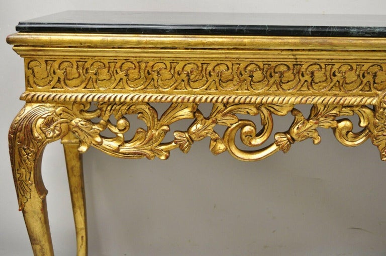 Wood Georgian Style Gold Gilt Green Marble Top Paw Feet Console Hall Table For Sale