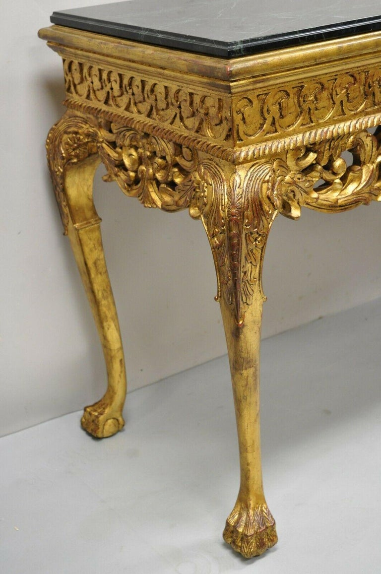 Georgian Style Gold Gilt Green Marble Top Paw Feet Console Hall Table For Sale 1