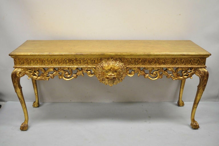 Georgian Style Gold Gilt Green Marble Top Paw Feet Console Hall Table For Sale 4