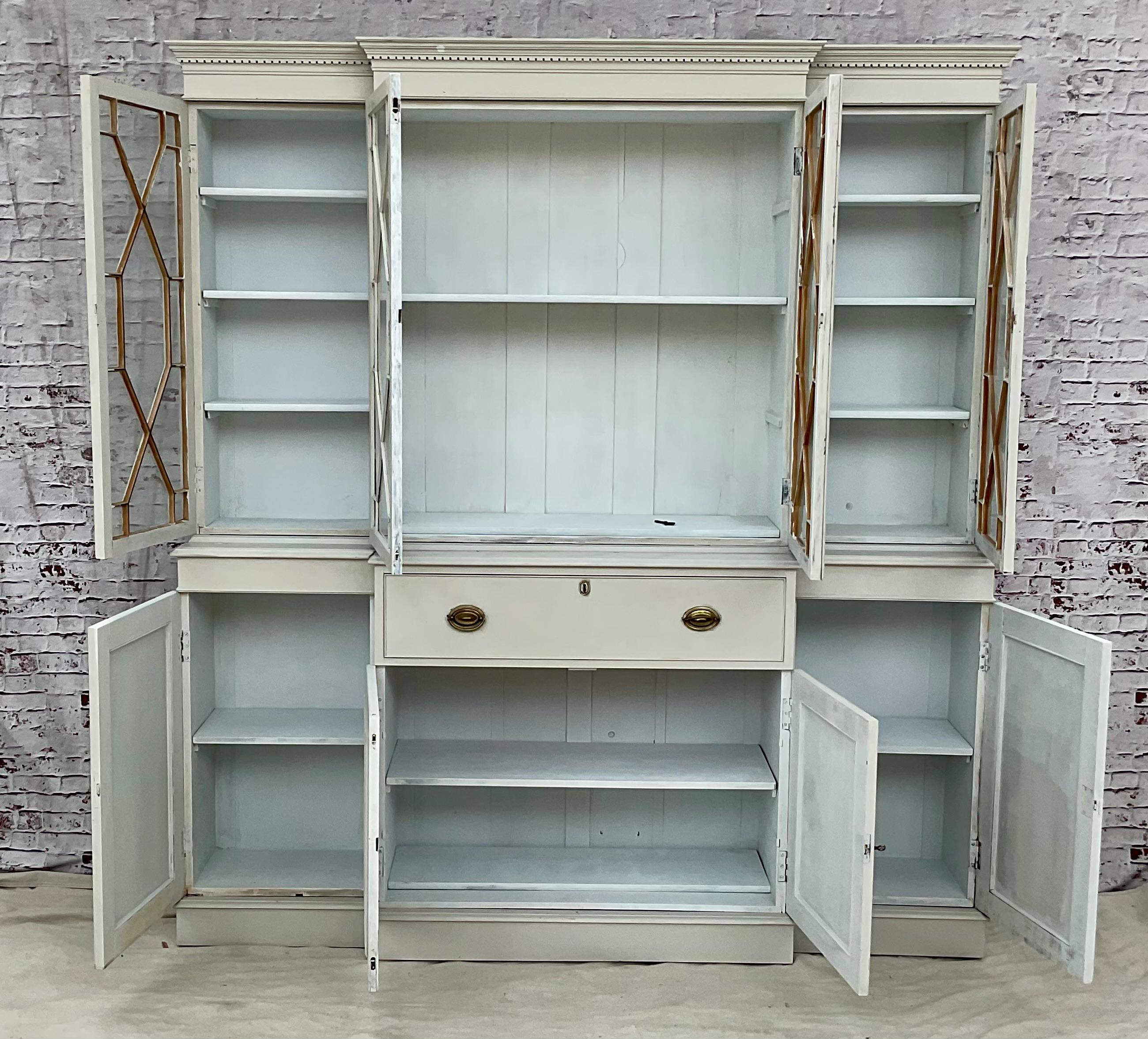 English Georgian Style Grey Painted Breakfront Book Case