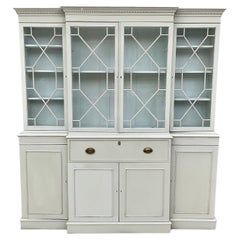 Antique Georgian Style Grey Painted Breakfront Book Case