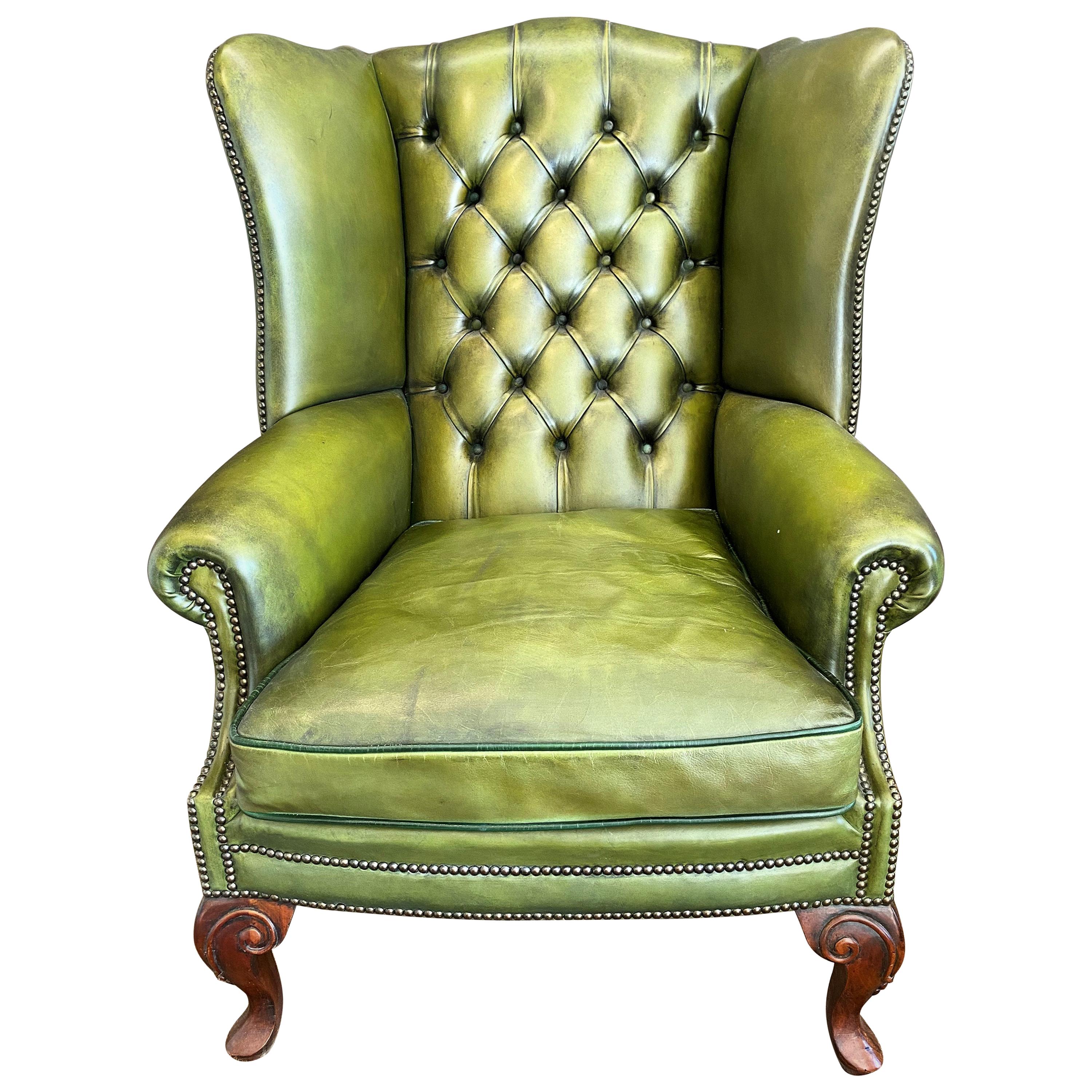 Georgian Style Hand Made Green Leather Wing Armchair