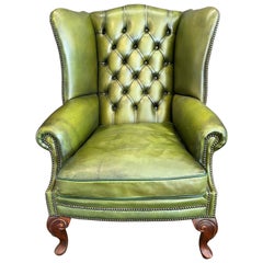 Georgian Style Hand Made Green Leather Wing Armchair 